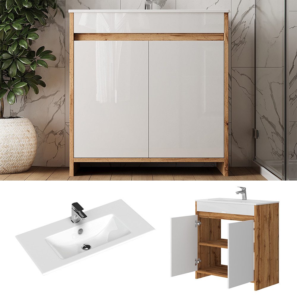 Vicco Badmöbel-Set Lemgo, Goldkraft Eiche/Weiß Hochglanz, günstig online kaufen