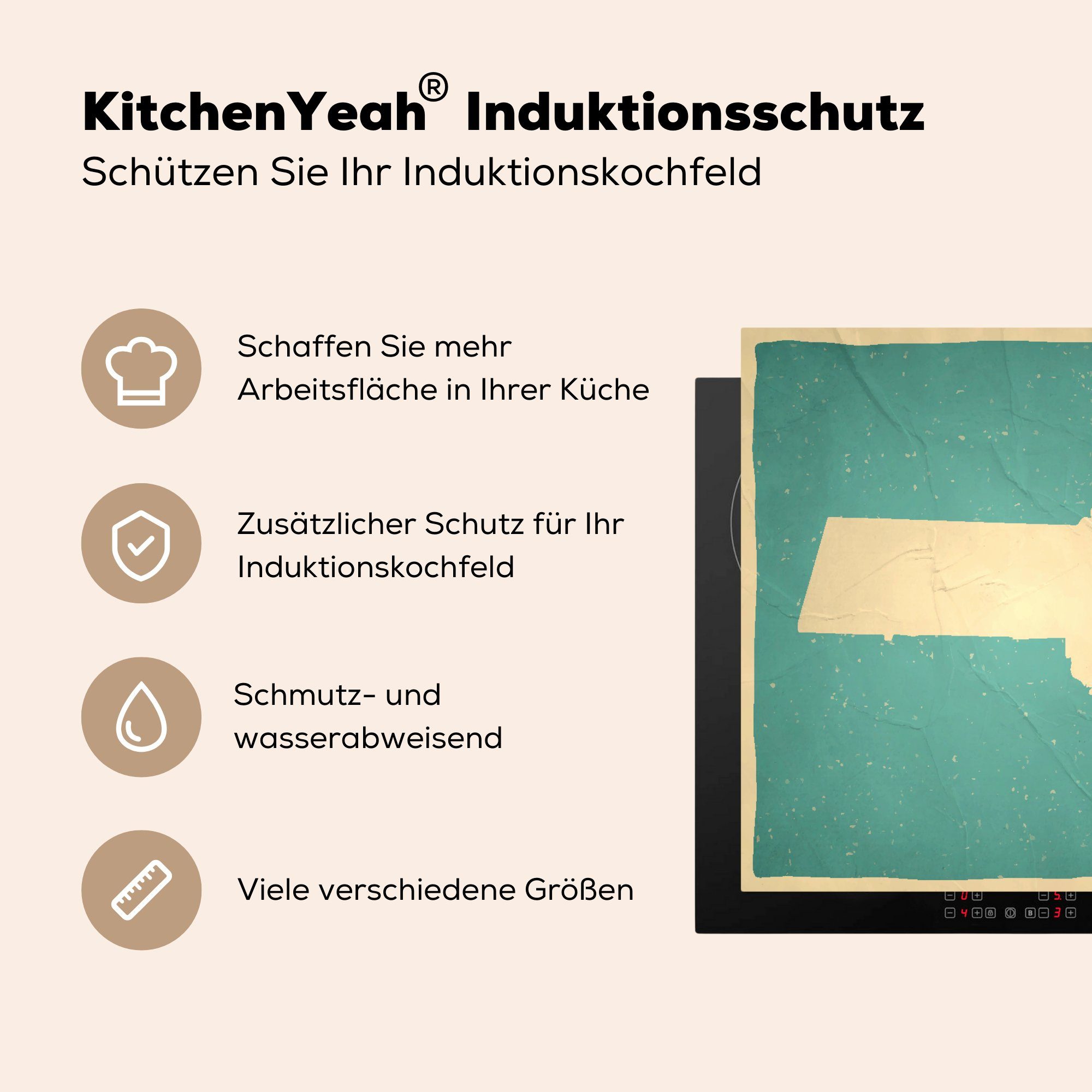 78x78 cm, Eine (1 MuchoWow Herdblende-/Abdeckplatte tlg), von Arbeitsplatte Ceranfeldabdeckung, Massachusetts, Illustration Boston für Bundesstaat küche im Vinyl,