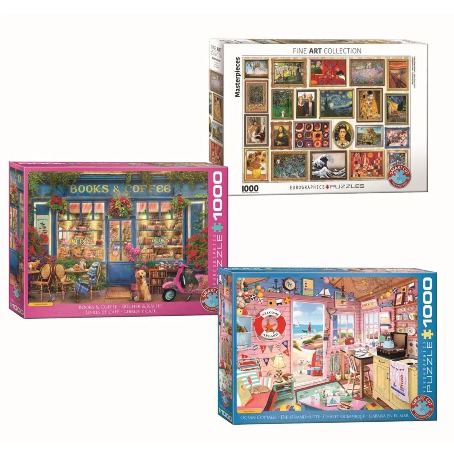 EUROGRAPHICS Puzzle Puzzle 3er-Pack (Books/FineArt/Ocean Cottage), 1000 Puzzleteile