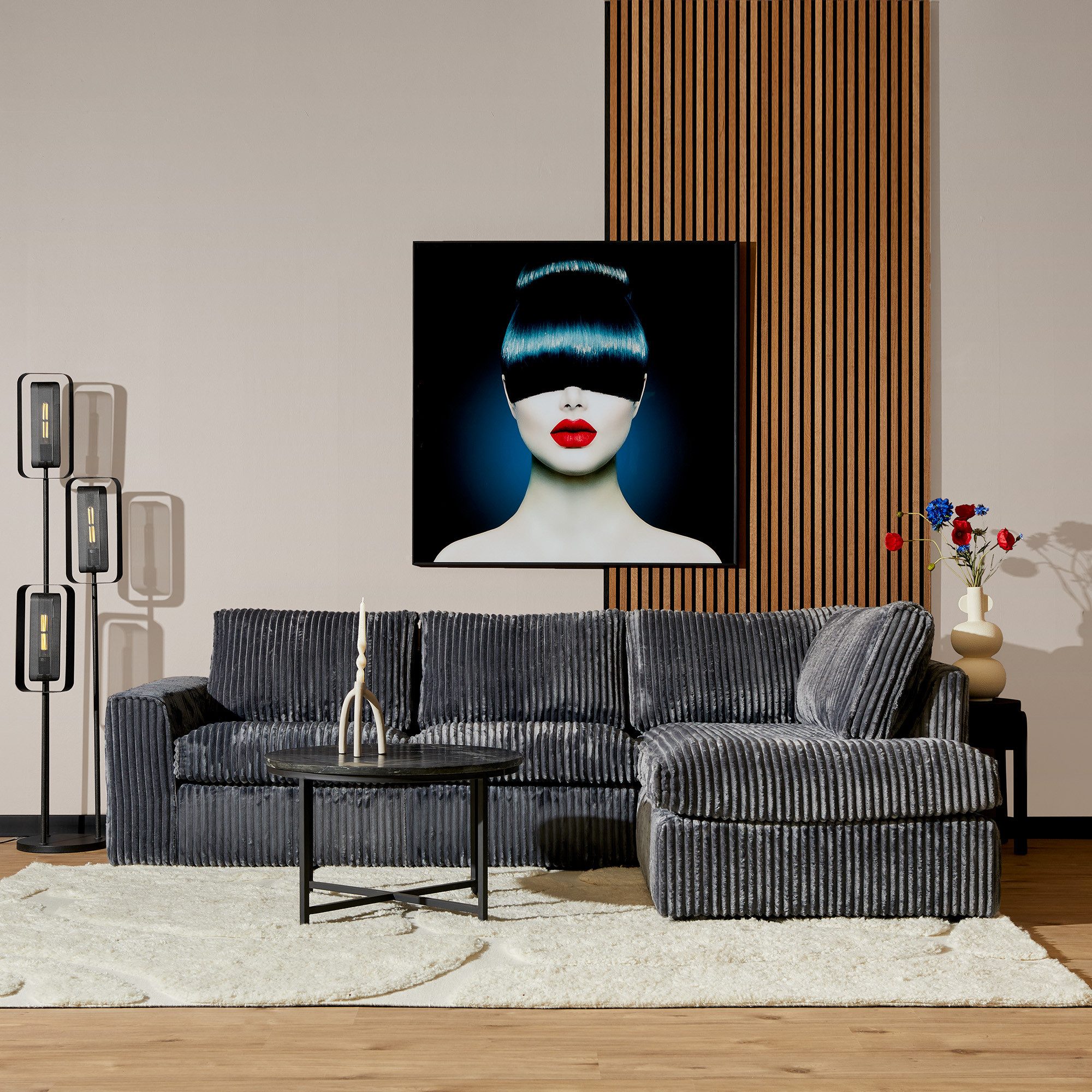 Villa Möbel Ecksofa Teddy, 1 Teile, Anthrazit, Buchenholzrahmen und Rippenstoff