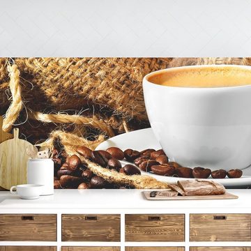 Bilderdepot24 Küchenrückwand braun dekor Backen Wandpaneel Küche Kaffee am Morgen, (1-tlg., Nischenrückwand - für Fliesenspiegel ohne Bohren - matt), Spritzschutz Rückwand Küche Herd - Folie selbstklebend versch. Größen