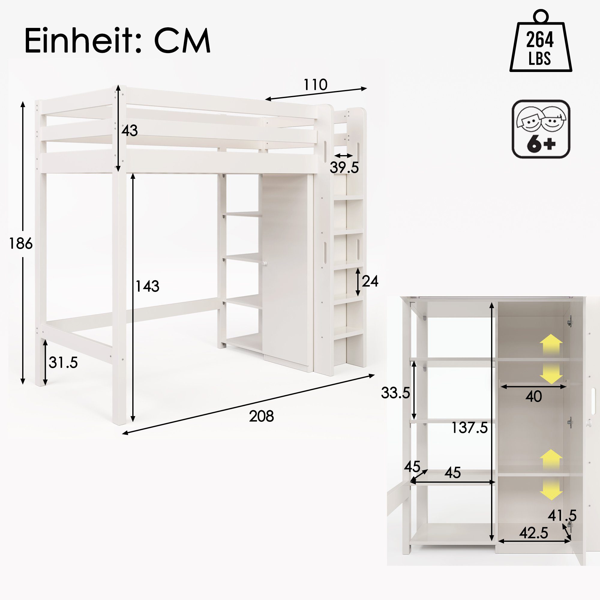 Hochbett (Stauraumbett Liegefläche 90x200 cm mit Kleiderschrank) Kinderbett mit Lattenrost, aus massivem Kiefernholz