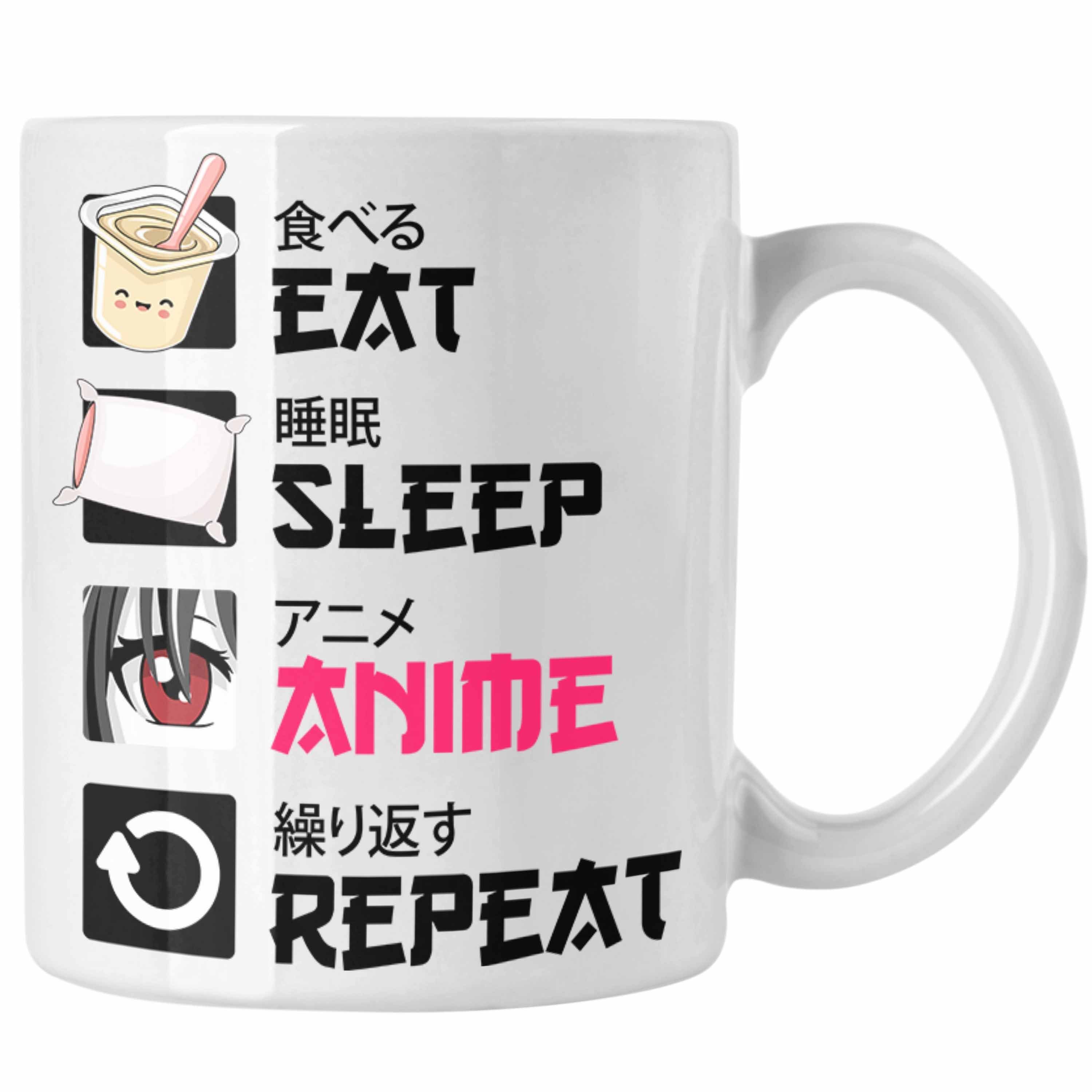 Trendation Tasse Trendation - Eat Sleep Anime Tasse Geschenk Spruch Kaffeetasse Geschenke Deko Weiss