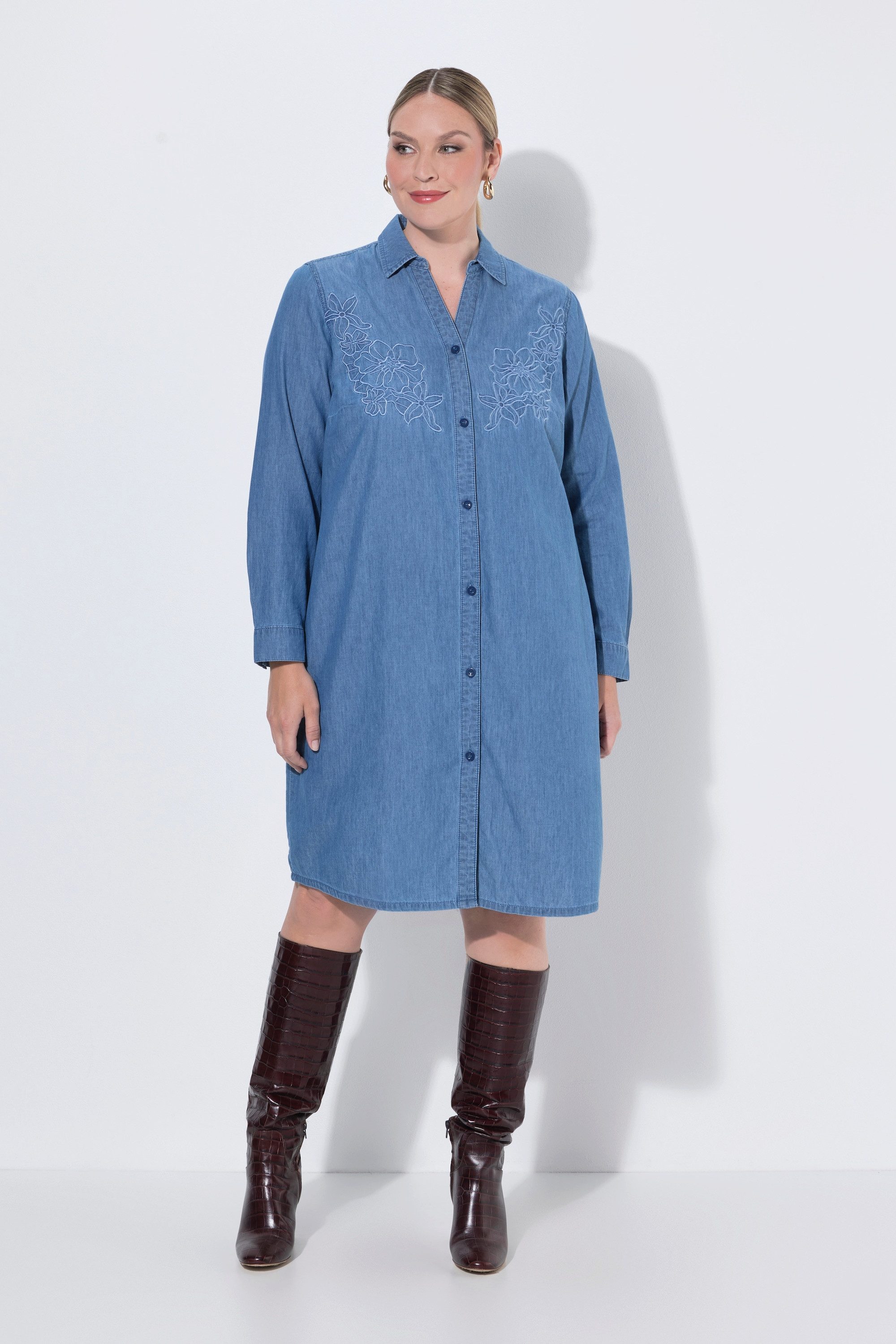 MIAMODA Jerseykleid Jeanskleid oversized florale Stickerei Langarm