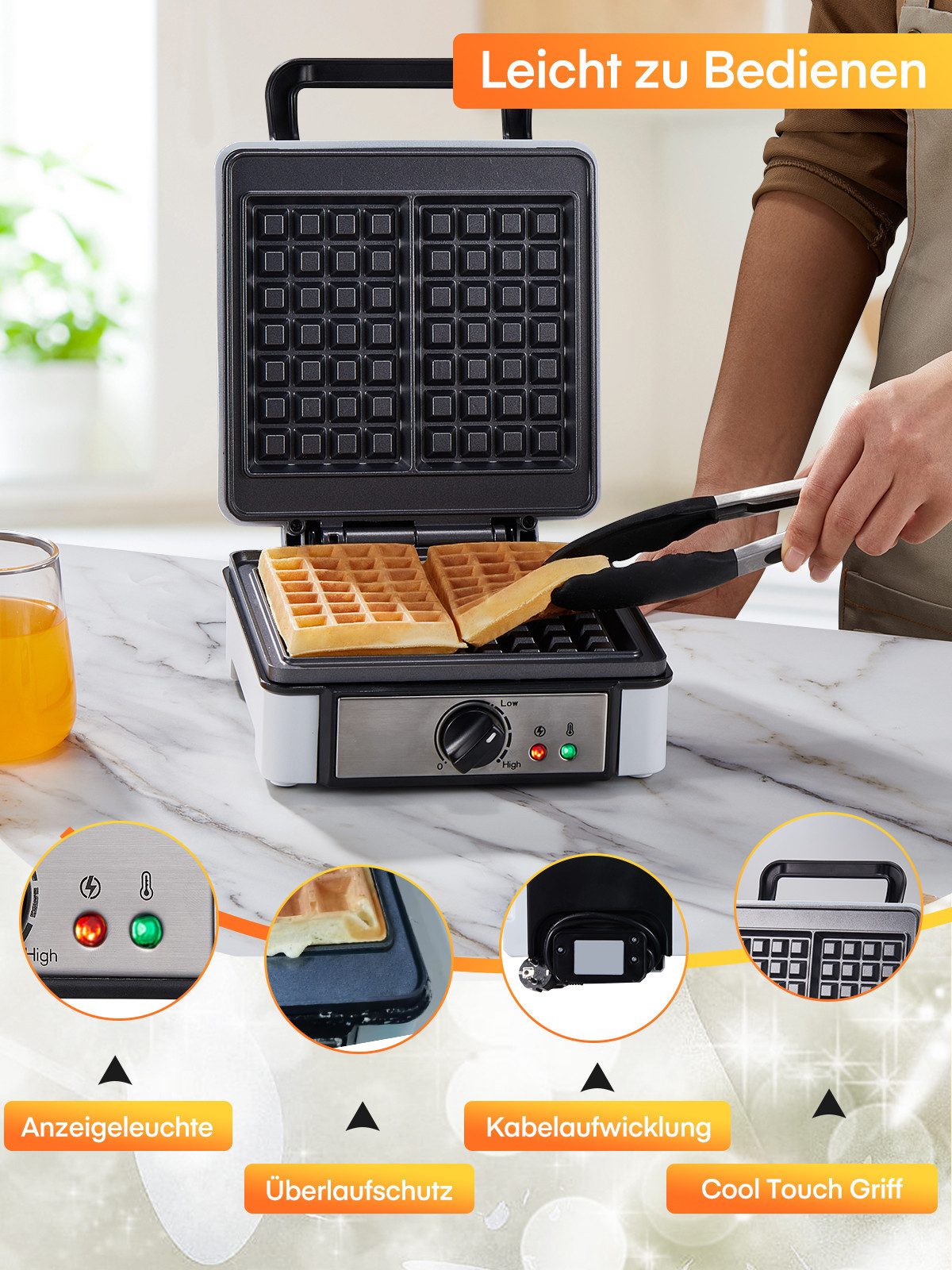 FOHERE Waffeleisen XL 2er Waffeleisen, Waffelautomat, Paninigrill, Waffeltoaster, 1200 W, Elektrogrill, Antihaftbeschicht – Bild 5 von 5