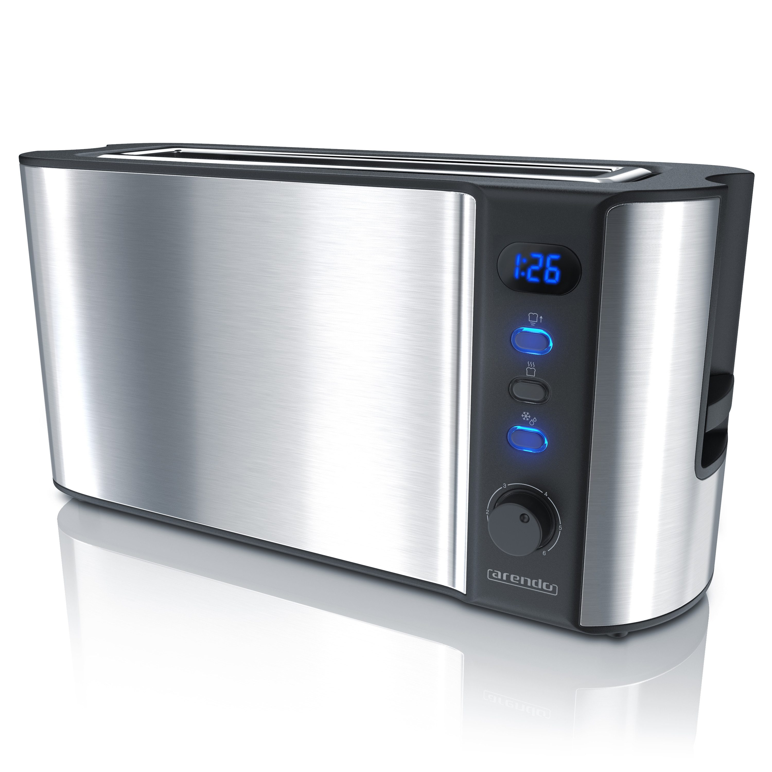Arendo Toaster Langschlitz, Edelstahl, Display mit Restzeitanzeige, Brötchenaufsatz, 1 langer Schlitz, für 2 Scheiben, 1000 W, Defrost Funktion, Wärmeisolierendes Gehäuse, Krümelschublade