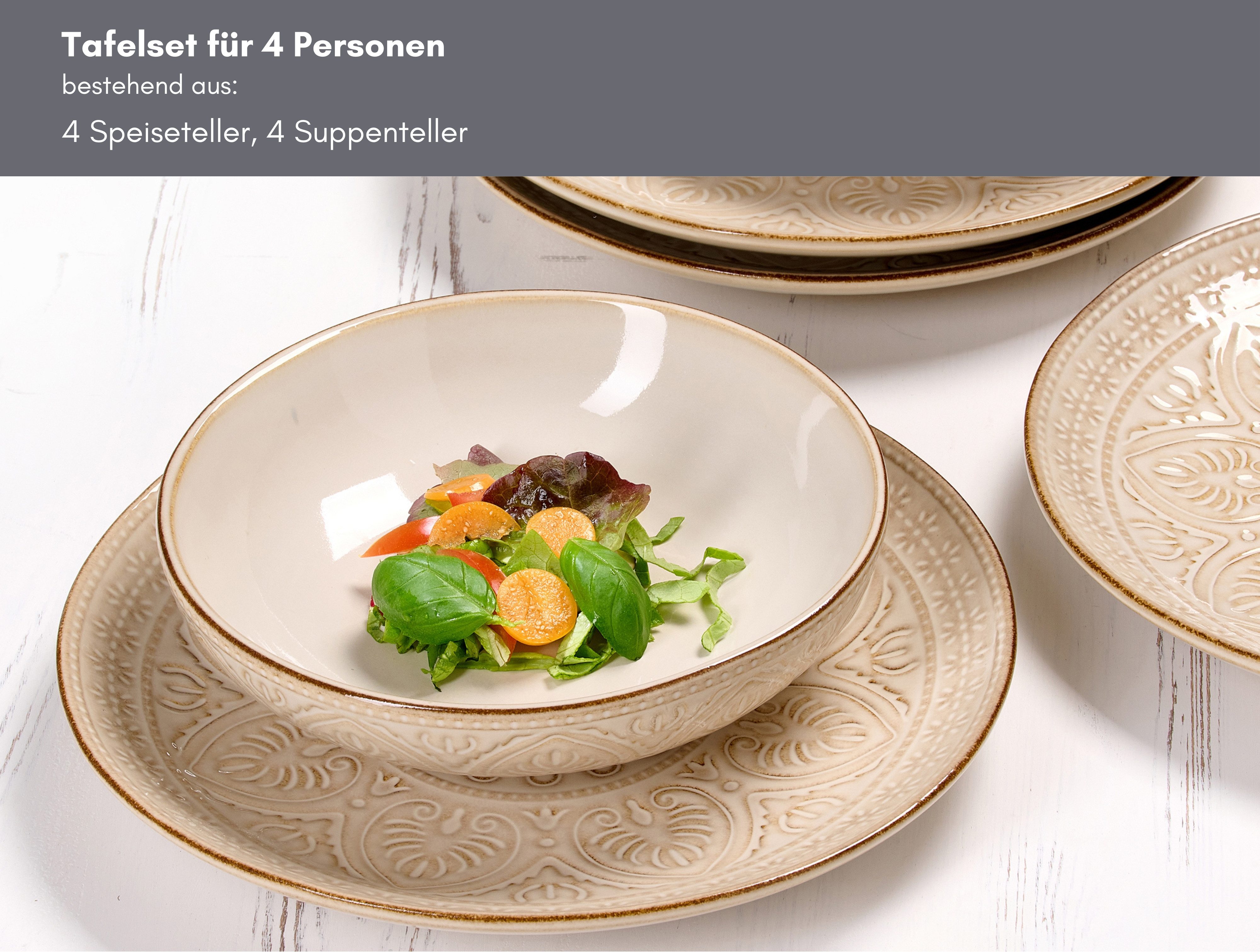 Ritzenhoff & Breker Tafelservice Omara (8-tlg), 4 Personen, Steingut, Teller Set, Reaktivglasur, jedes Stück ein Unikat