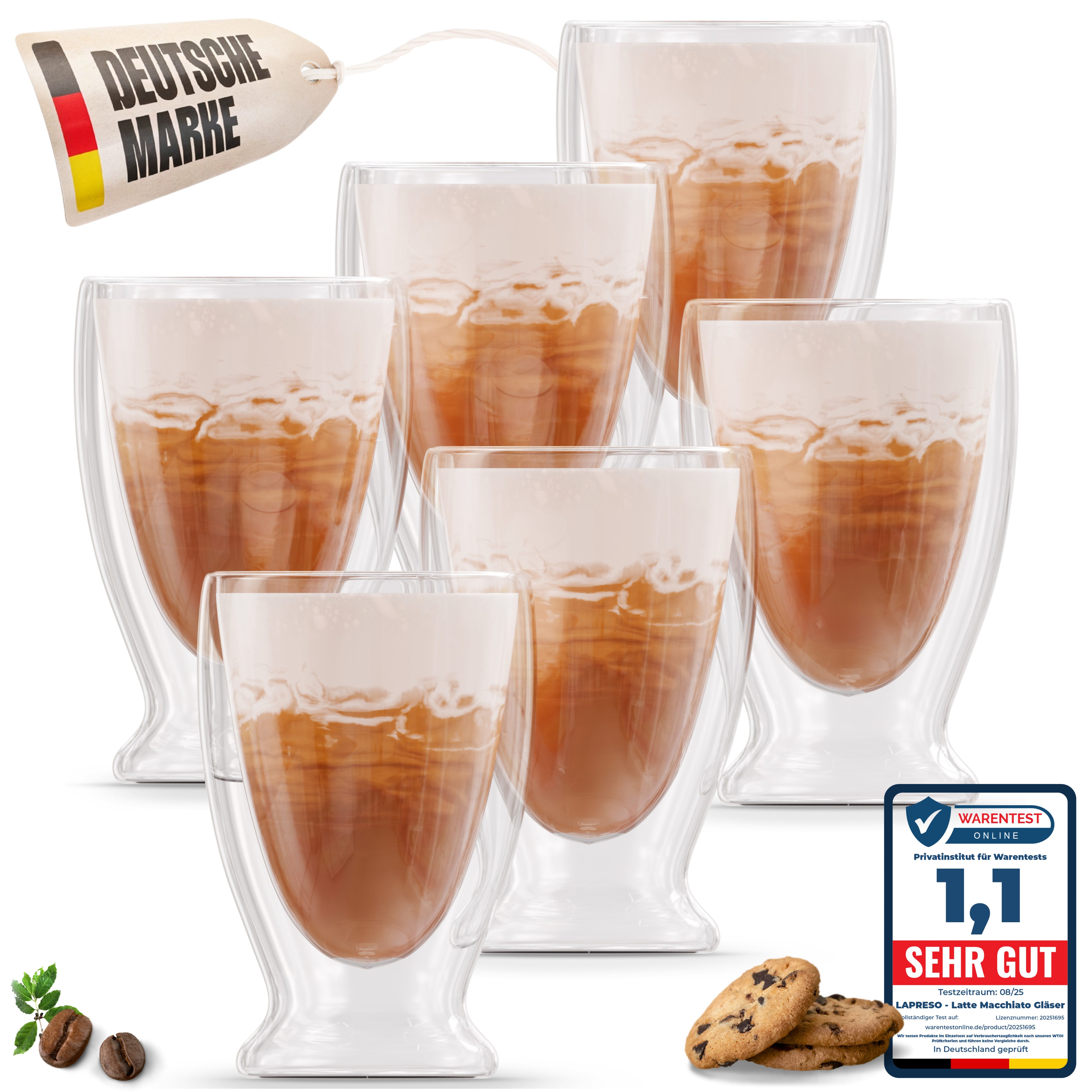 LAPRESO Latte-Macchiato-Glas Doppelwandig Thermogläser Kaffeegläser Set 300 ml, 7-tlg., Borosilikatglas, 6er Set