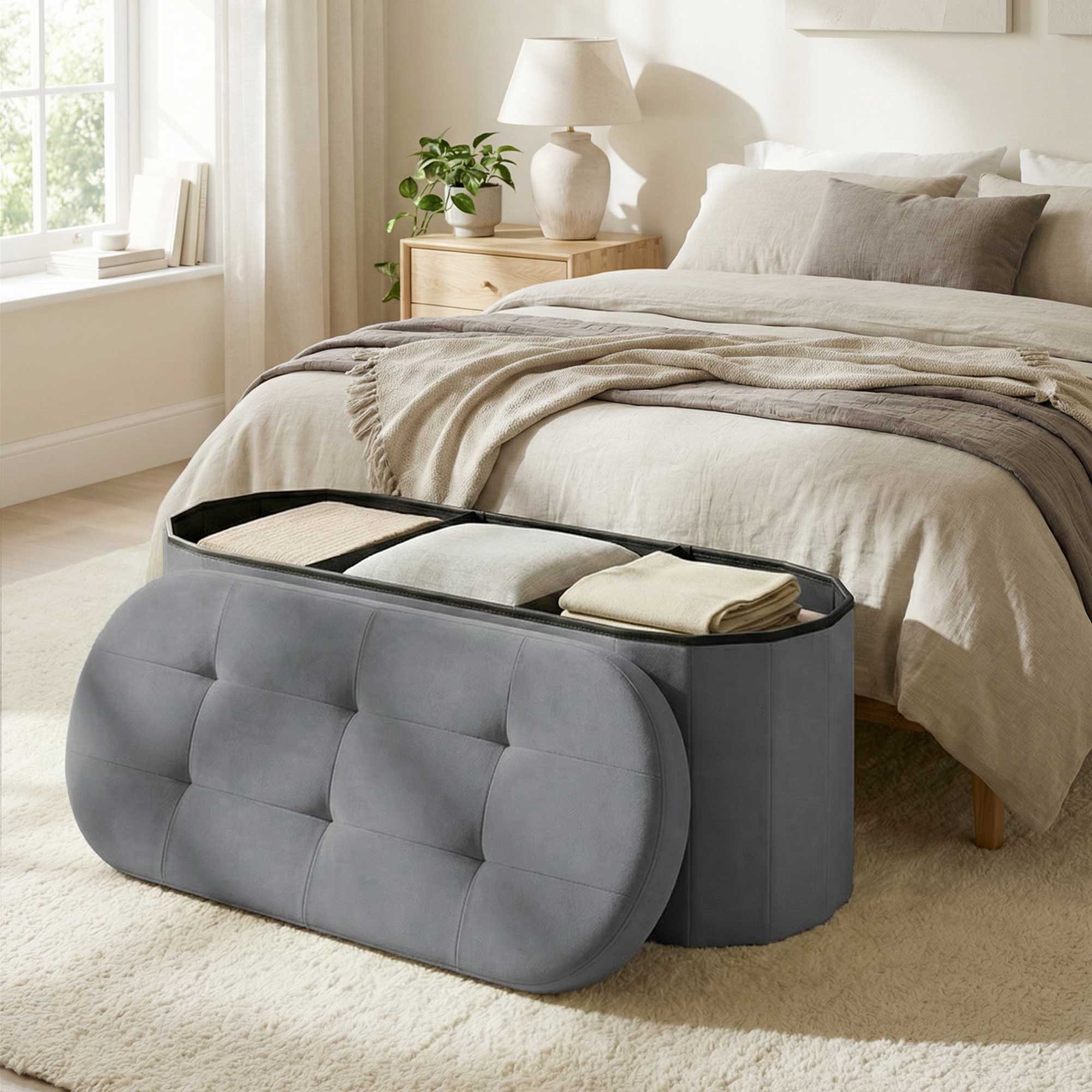 SONGMICS Sitzhocker Sitzbank, für Wohnzimmer, Flur, Schlafzimmer, 110 L, 38 x 110 x 38 cm, mit Stauraum, Aufbewahrungsbox, faltbare, einfacher Aufbau, Samt, grau