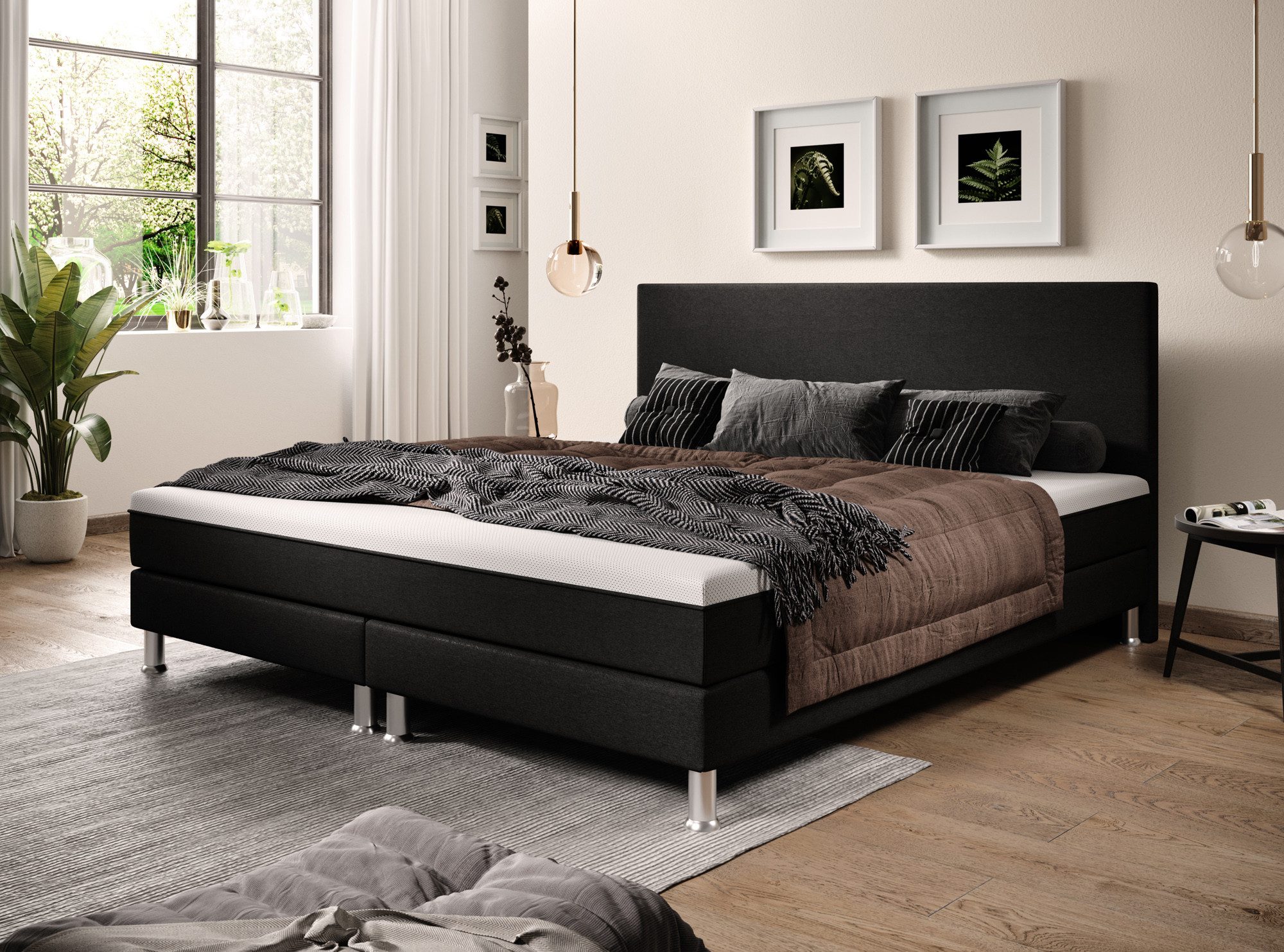 inter Boxspringbett Sunny Webstoff mit 7 Zonen Taschenfederkernmatratzen und Topper-Optik (180x200 cm, Schwarz mit 7 Zonen Taschenfederkernmatratzen und Topper-Optik), Taschenfederkern-Komfort, gepolstertes Kopfteil, inklusive Matratzen