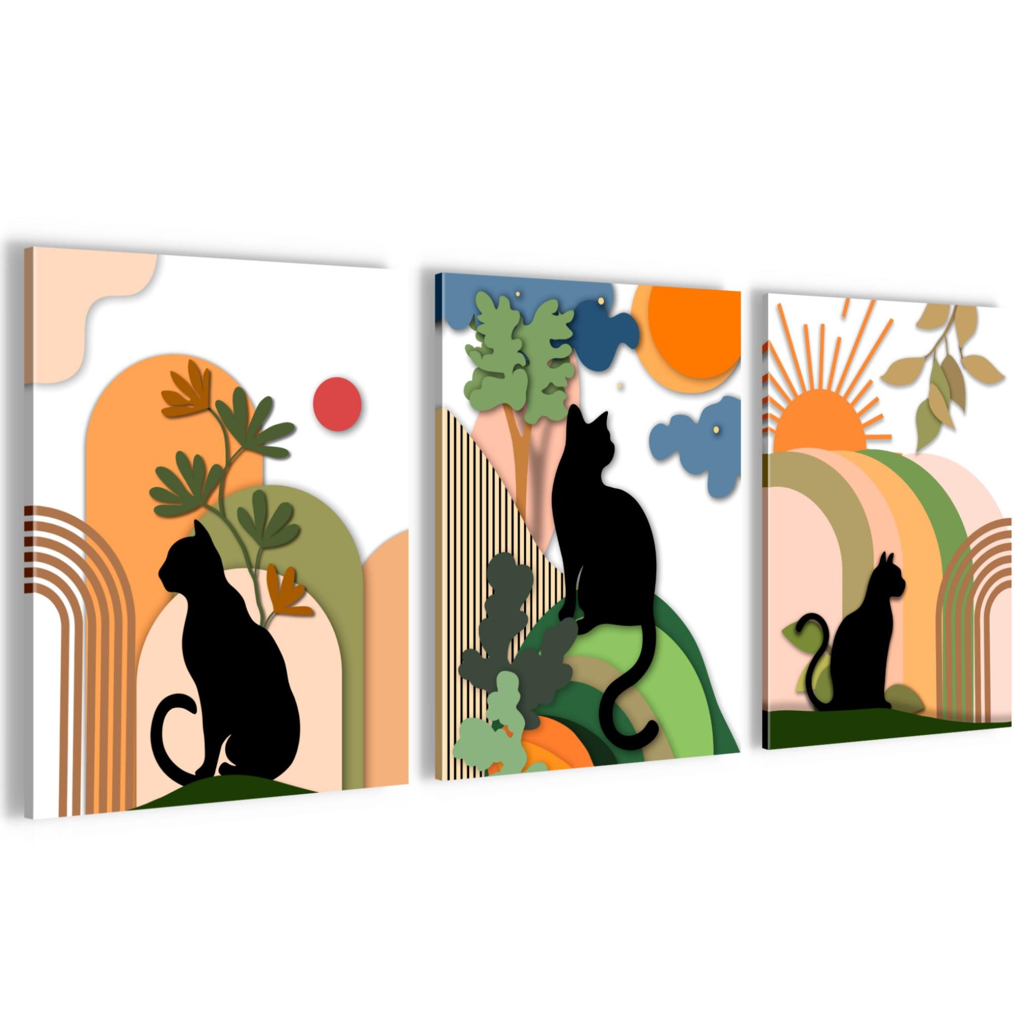 Novart Wandbild Katzen Abstrakt Modern Deko Bilder Beige Orange Wohnzimmer, Katzen