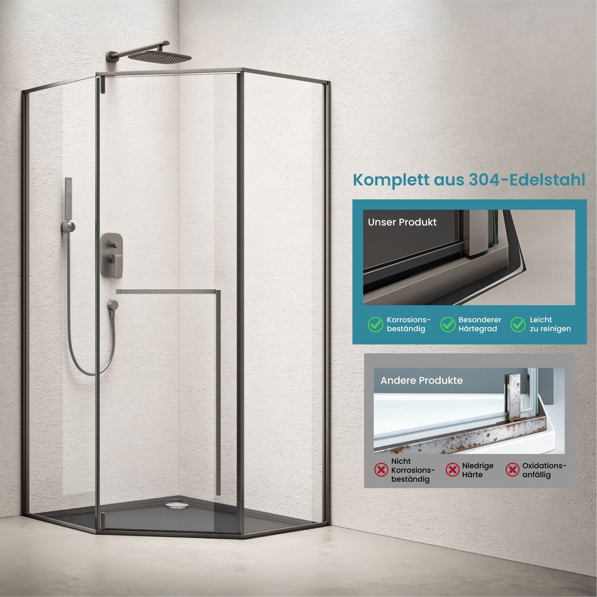 doporro Fünfeckdusche Duschkabine Duschabtrennung 80-100x80-100cm ESG/Glas Ravenna68K-P, BxT: 80x80 cm, Sicherheitsglas, Nano-Beschichtung, Wahlweise links oder – Bild 2 von 5