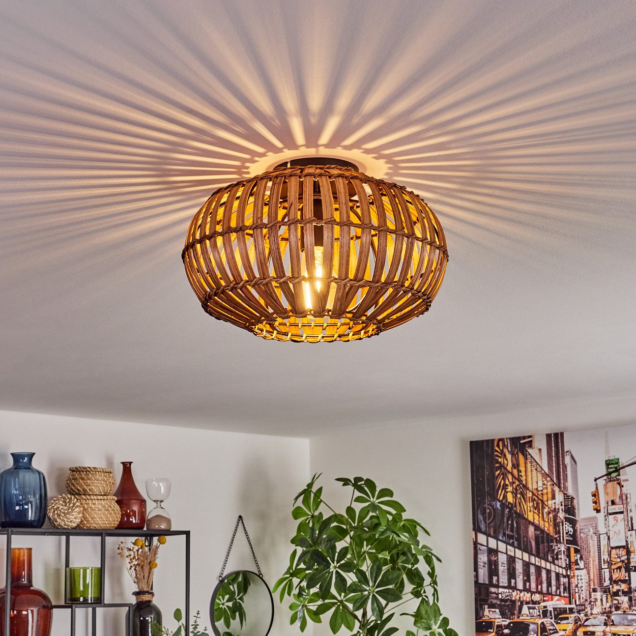 hofstein Deckenleuchte moderne Deckenlampe aus Metall/Bambus in Schwarz/Nat günstig online kaufen