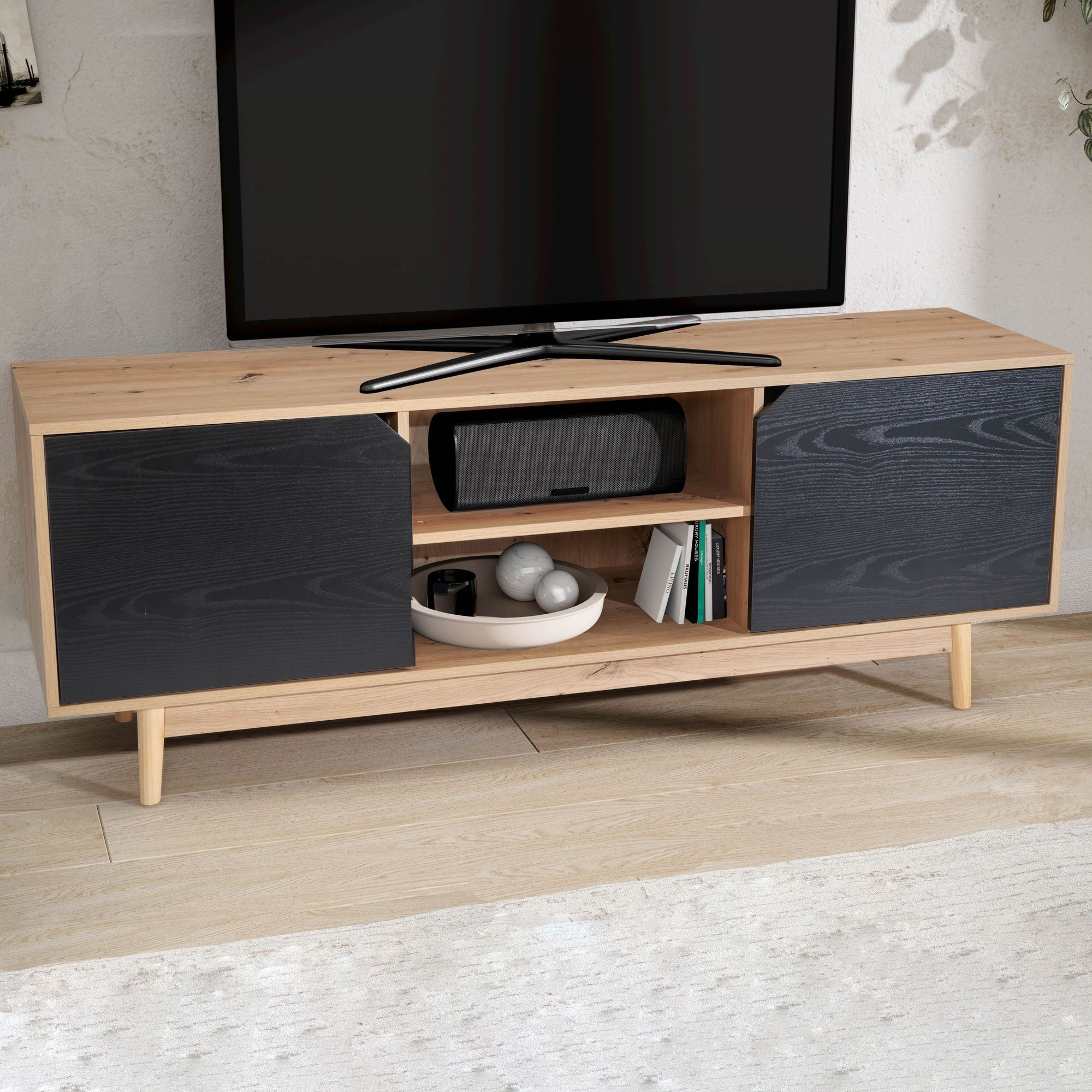 FINEBUY Lowboard TV Schrank 150 cm Fernsehkommode Fernsehschrank Eiche Schwarz (Eiche-Dekor Schwarz, zwei Türen, 150x55x40 cm), TV-Schrank Modern Fernsehtisch, TV-Kommode Hoch