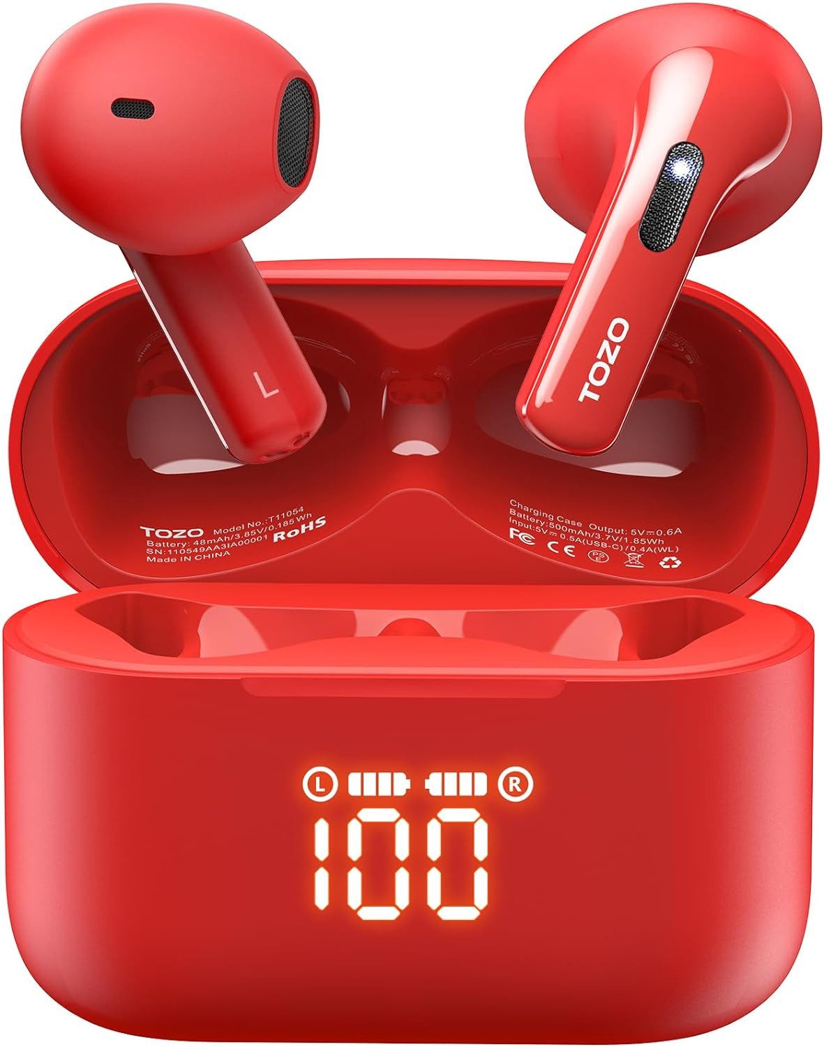 TOZO IPX8 wasserdichtes Design und schweißfeste Nano-Beschichtung In-Ear-Kopfhörer (Bis zu 6 Stunden Wiedergabezeit mit einer Ladung und 44 Stunden mit dem Ladecase; integrierte LED-Anzeige für Batteriestatus., Optimieren Audioerlebnis Dual Mic Noise Cancelling Premium-Funktionen)