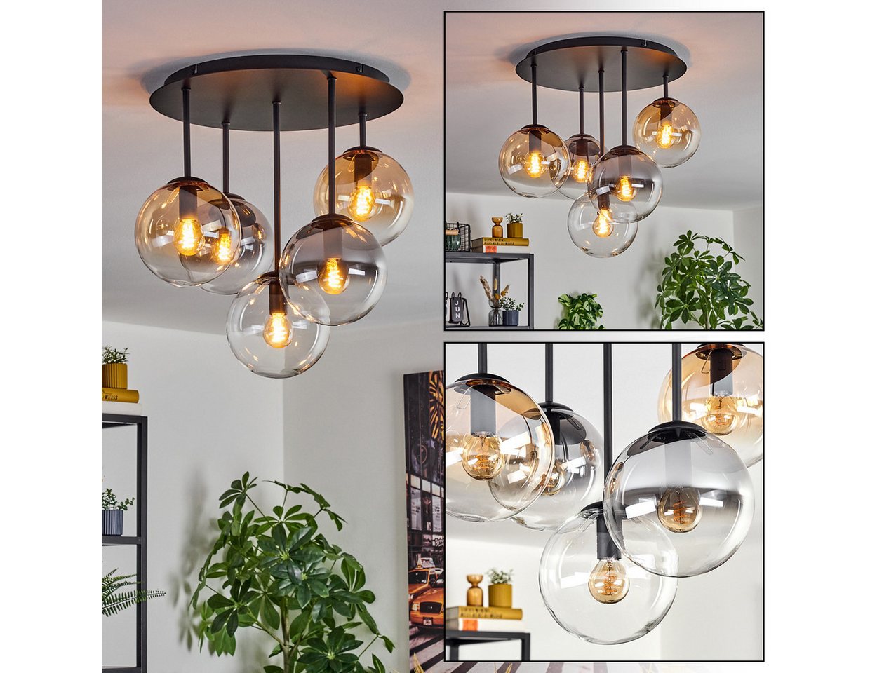 hofstein Deckenleuchte Deckenlampe aus Metall/Glas in Schwarz/Rauch/Bernstein/Klar, Deckenleuchte im Retro/Vintage-Design (Schirme Ø 15 cm), 5 x E14