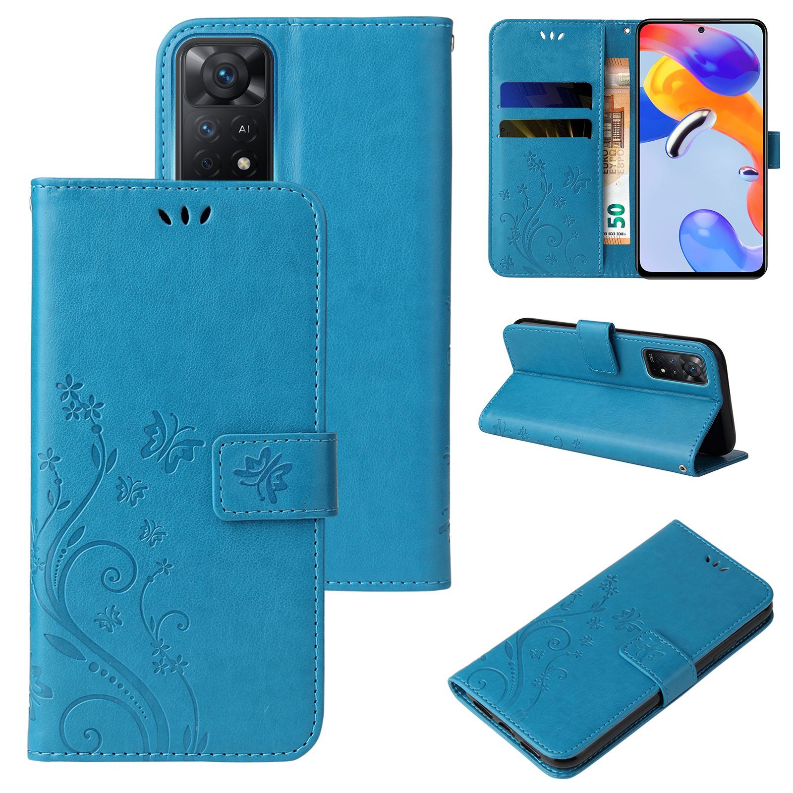 Tec-Expert Handyhülle Cover Tasche Hülle für Xiaomi Redmi Note 11 Pro 6,67 Zoll, Klapphülle Case mit Kartenfach Fliphülle aufstellbar, Motiv Blumen