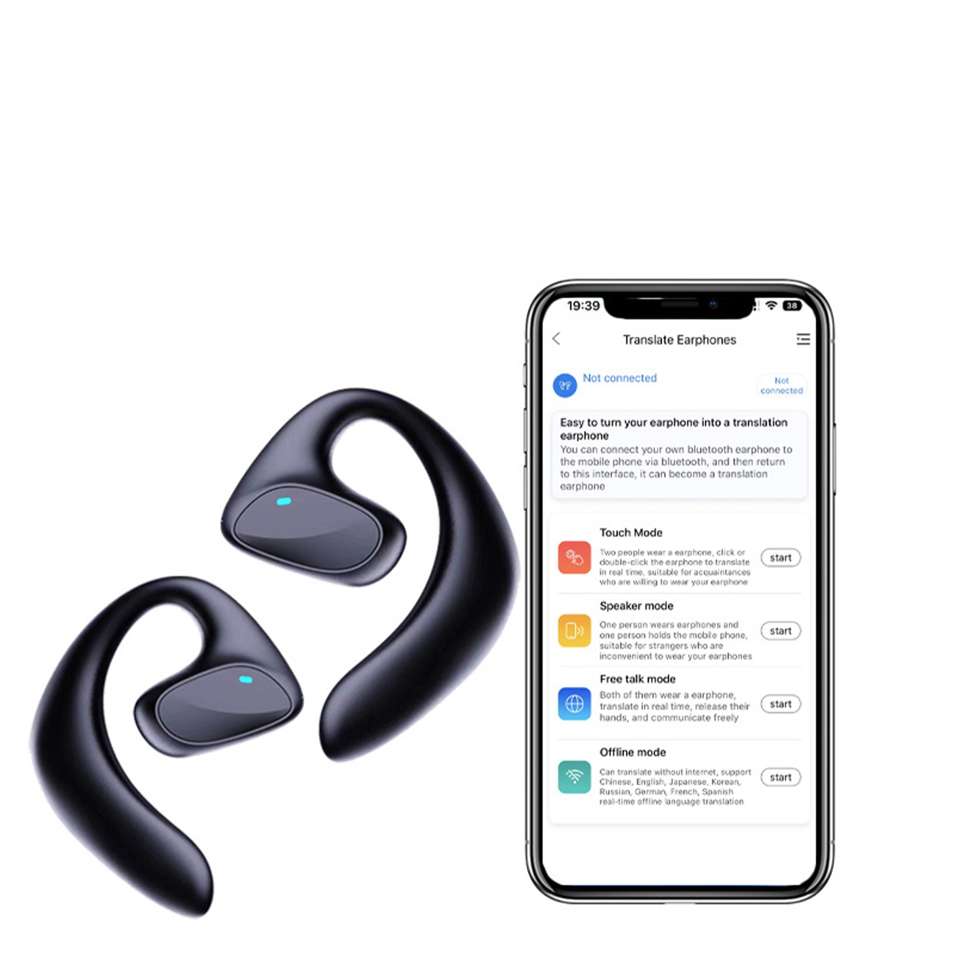 KINSI Kabelloser Übersetzungs-Ohrhörer,144 Sprachen,Offline-Übersetzung Open-Ear-Kopfhörer (bluetooth, Bluetooth 5.1 Sportkopfhörer mit Touch-Steuerung) – Bild 3 von 5