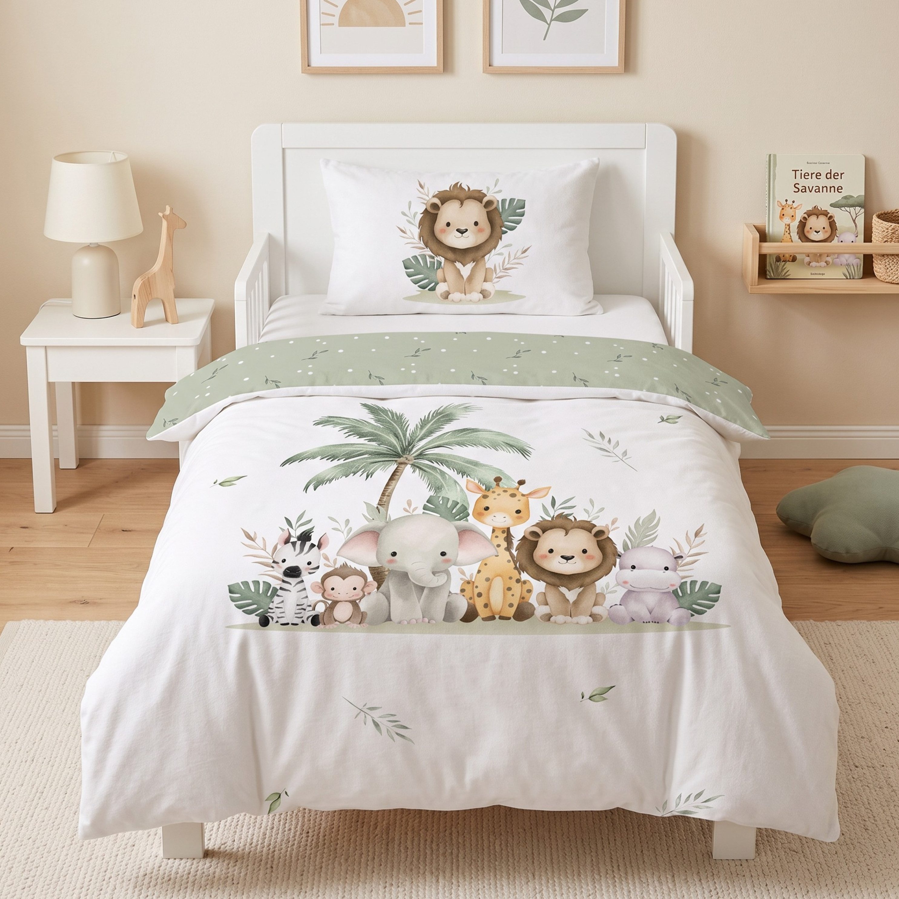 MTOnlinehandel Babybettwäsche Safari 100x135 cm Flanell, Löwe, Elefant & Freunde, 100% Baumwolle, 2 teilig, Kuschelige Kinderbettwäsche mit Safari-Tieren