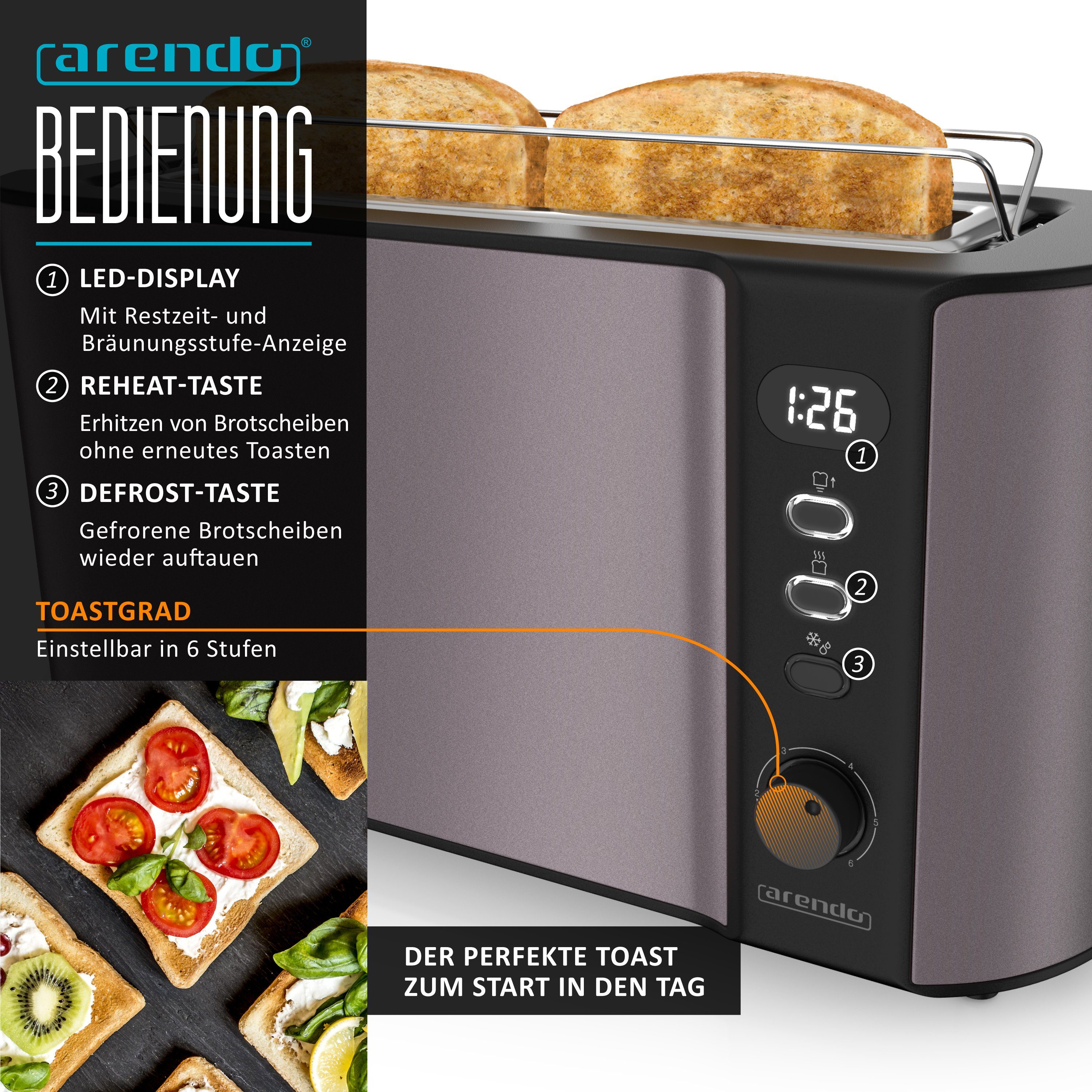 Arendo Frühstücks-Set Wasserkocher 1,5l & 2-Scheiben Langschlitz Toaster, Edelstahl, Grau (2-tlg), Wasserkocher mit Temperaturwahl, Toaster mit Brötchenaufsatz – Bild 5 von 5