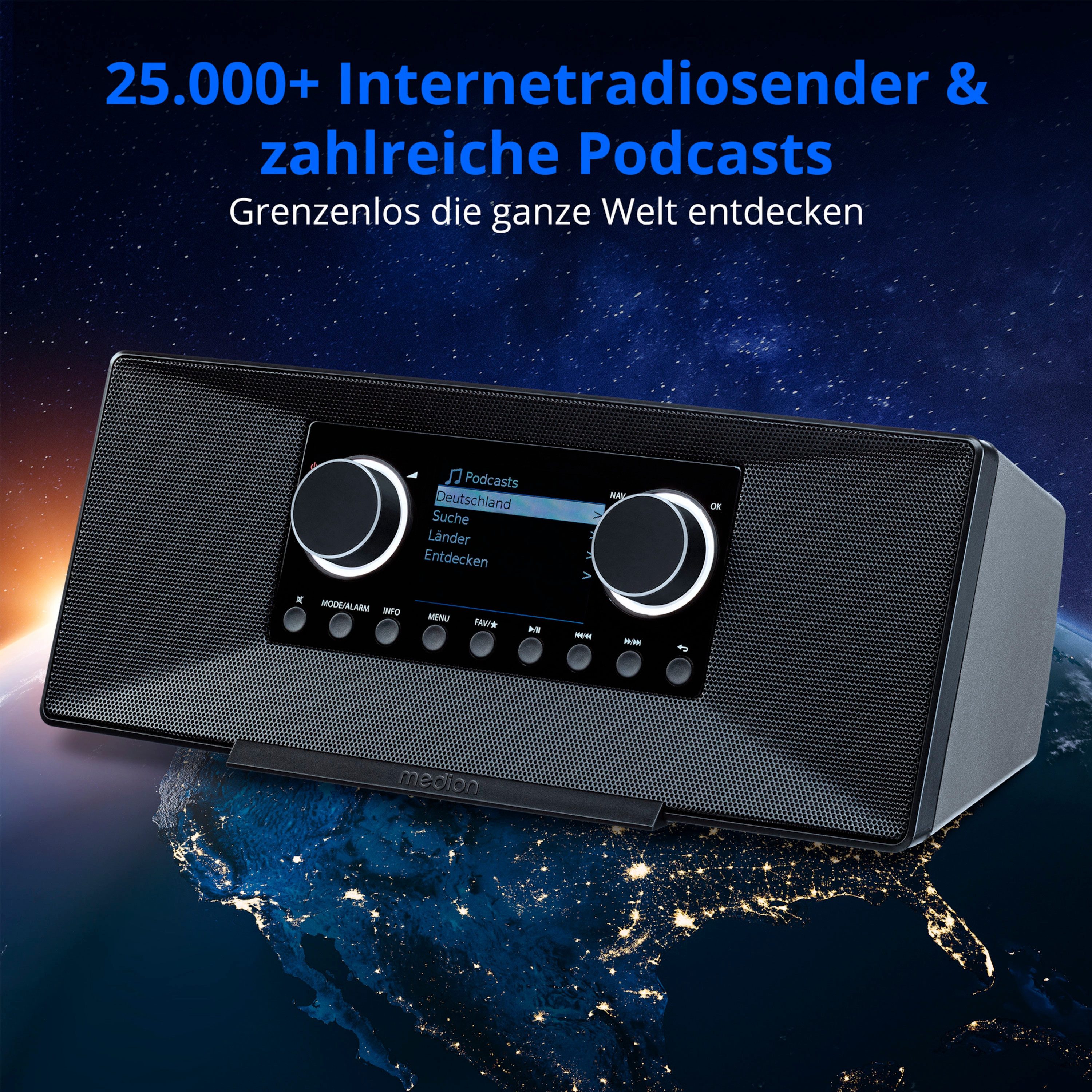 Medion® Stereo Internet Radio MEDION® P85333 (MD89289) Radio (Amazon Music, MW/UKW, DAB+, Spotify, WiFi, 6 W, DAB+, 7,1 cm (2,8) TFT-Farbdisplay, Bluetooth)