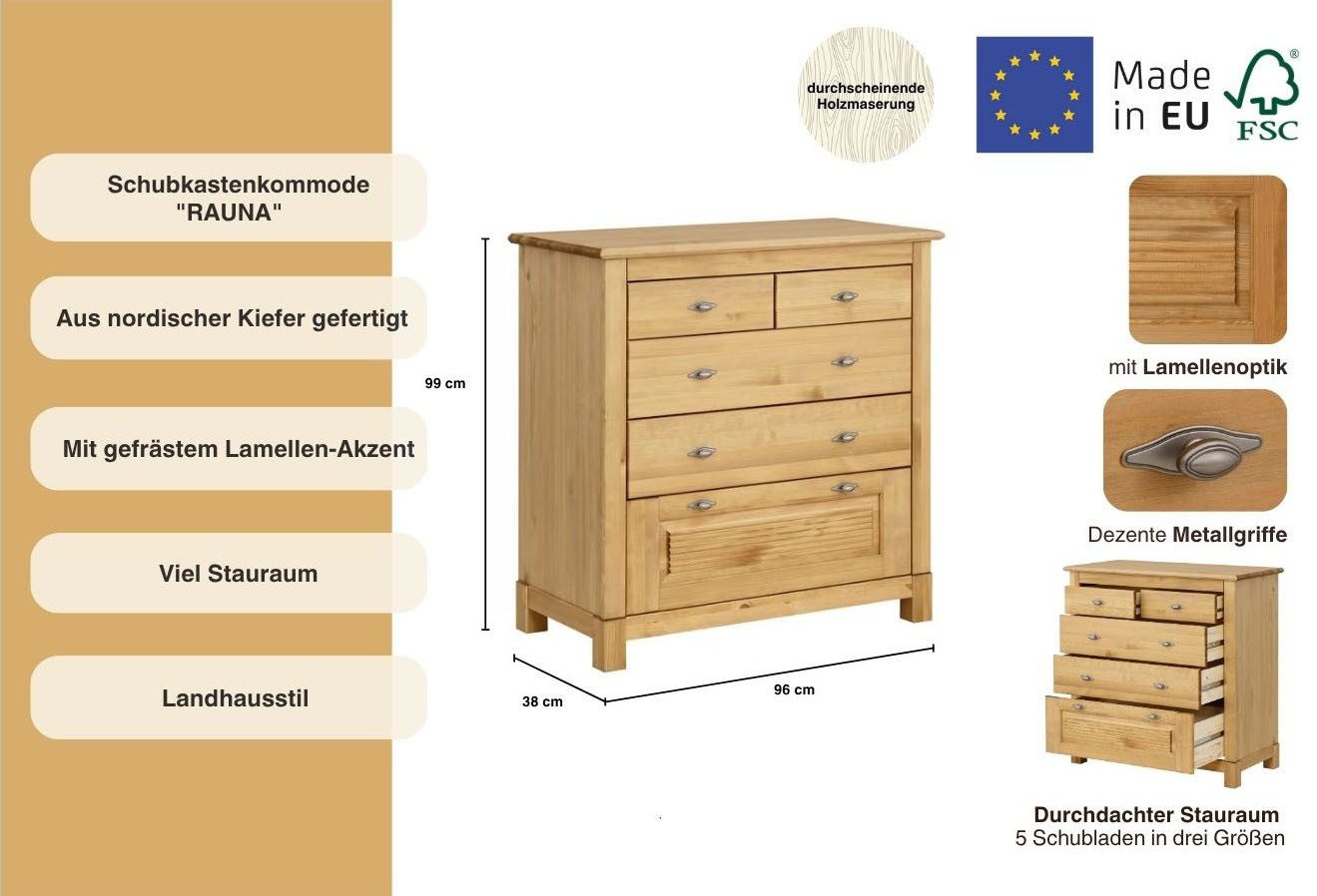 OTTO home Schubkastenkommode Rauna, aus massiver Kiefer mit 5 Schubladen, Breite 96 cm