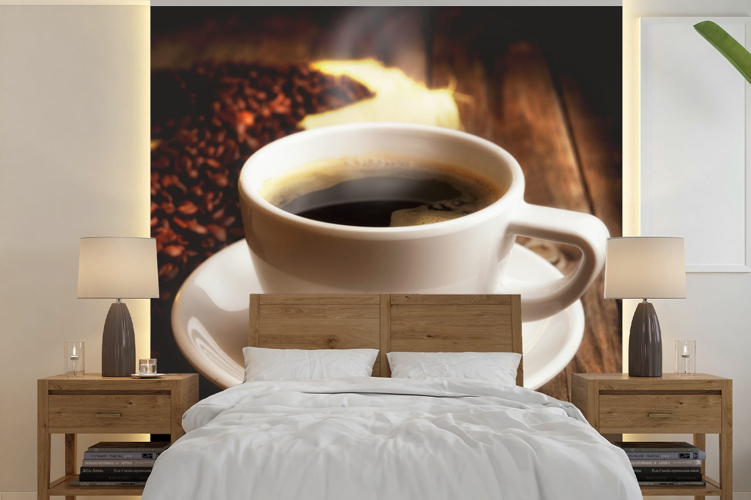 MuchoWow Fototapete Eine heiße Tasse Kaffee mit Kaffeebohnen, Matt, bedruckt, (5 St), Vinyl Tapete für Wohnzimmer oder Schlafzimmer, Wandtapete
