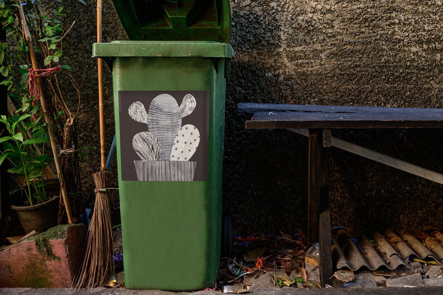 (1 - Mülltonne, MuchoWow Streifen Pflanze Wandsticker Kaktus Sticker, - St), Container, Punkte - Mülleimer-aufkleber, Abfalbehälter