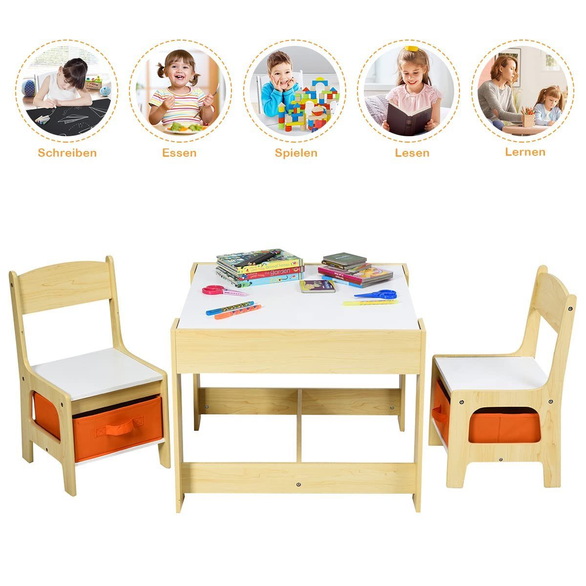 Kindersitzgruppe TLG. mit COSTWAY & Tafel 3 Orange Stühlen, mit 2 Stauraum