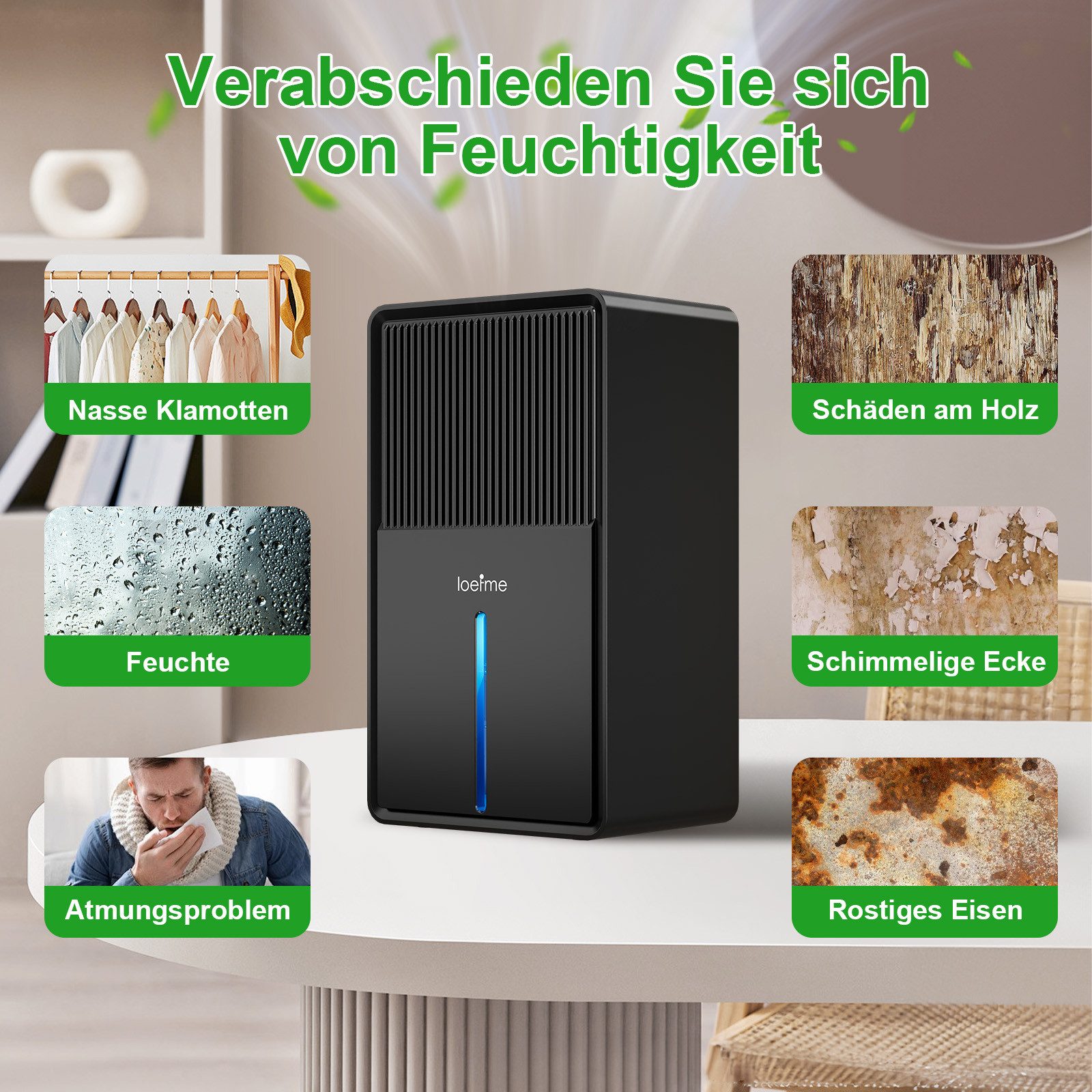 loefme Luftentfeuchter 3L Tank, für 30 m³ Räume, Entfeuchtung 0,80 l/Tag, Tank 3,00 l, Leise, 7 Farbige Licht, Trocknungsmodus, Elektrische Luftreinigung