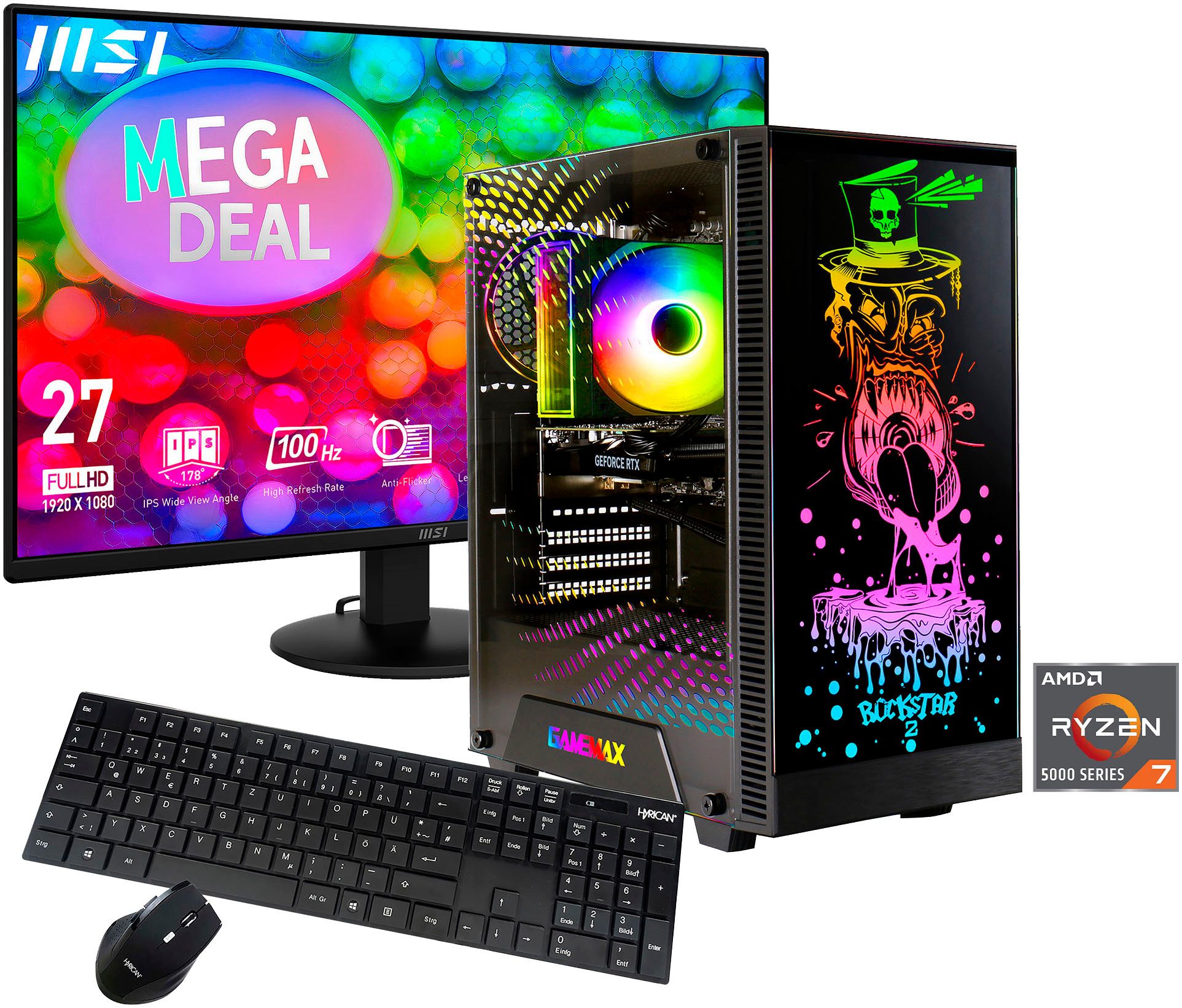 GAMEMAX MegaDeal Rockstar 2897 AMD Ryzen 7 5700X 32GB 1TB SSD RTX 3060 Gaming-PC-Komplettsystem (27", AMD Ryzen 7 5700X, RTX 3060, 32 GB RAM, 1000 GB SSD, Windows 11 + MSI PRO MP272L LCD-Monitor, 68,6cm (27)