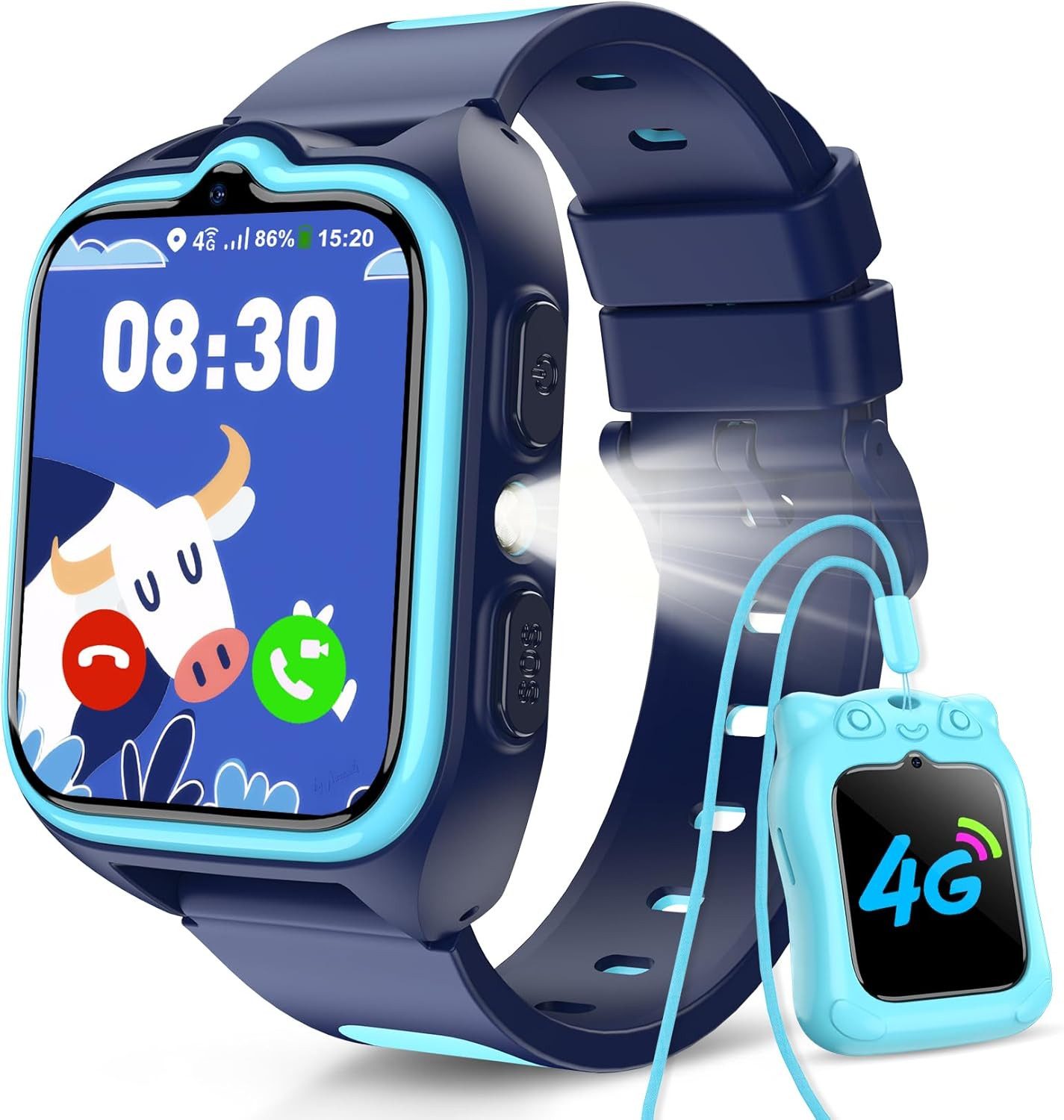 blackview Smartwatch Kinder mit SIM-Kartensteckplatz, LBS+WLAN+GPS-Tracker, 4G Smartwatch (1.75 Zoll, IOS/Android), Magnetisches Ladekabel, Smartwatch-Gehäuse mit Nackenband, Taschenlampe, SOS Notruf, Schulmodus, Telefonanruf, Sprachchat, IP67