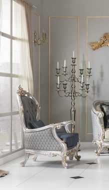 Casa Padrino Sessel Luxus Barock Wohnzimmer Sessel mit dekorativem Kissen Grau / Blau / Silber / Gold 82 x 75 x H. 122 cm - Edel & Prunkvoll