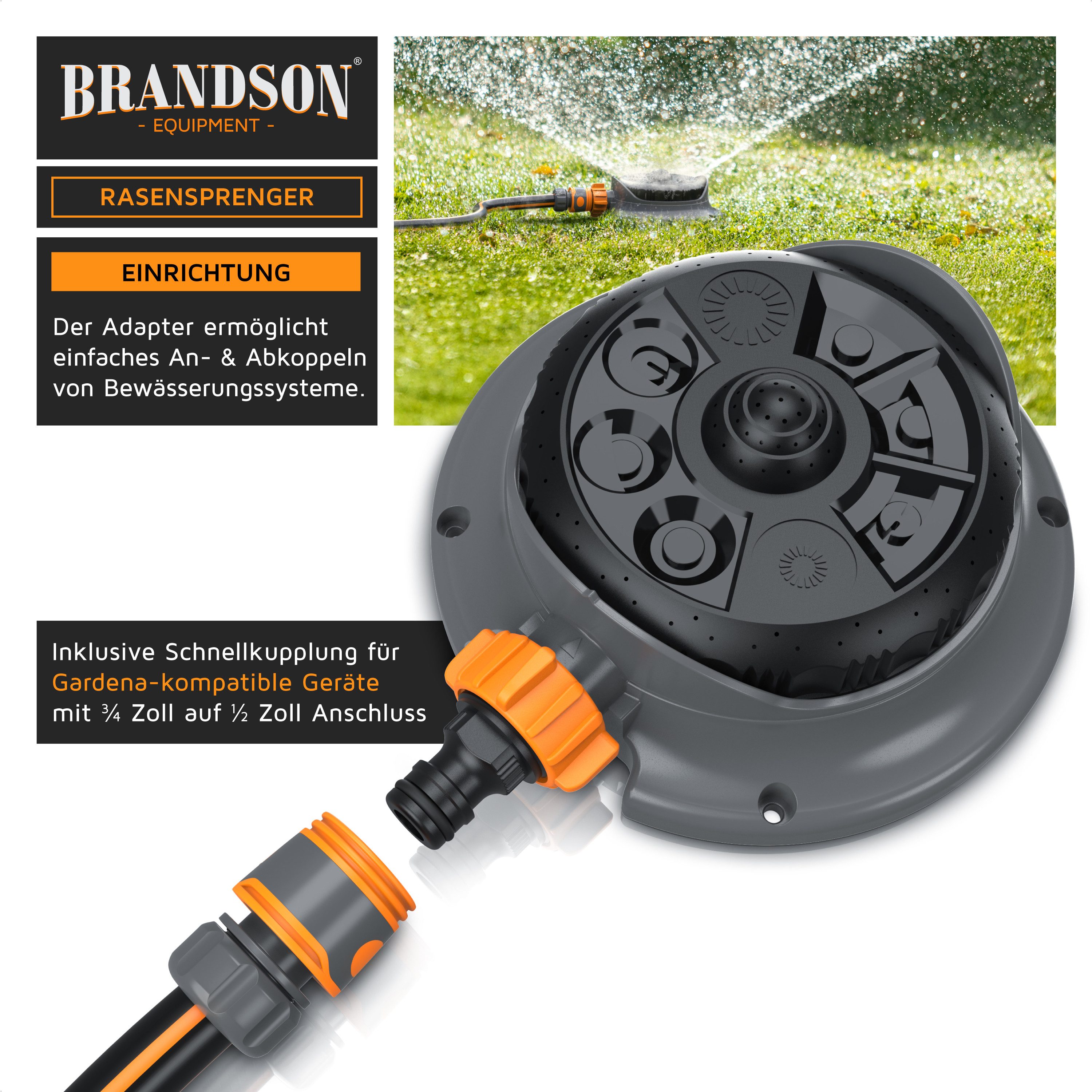 Brandson Vielflächenregner Garten Sprinkler, 360° Rasensprenger, 8 Sprühmodi, 110m² Bewässerung, für Flächen bis 110 m², (1-St), Wasserstrahl stufenlos einstellbar, runder Flächenregner, einstellbar