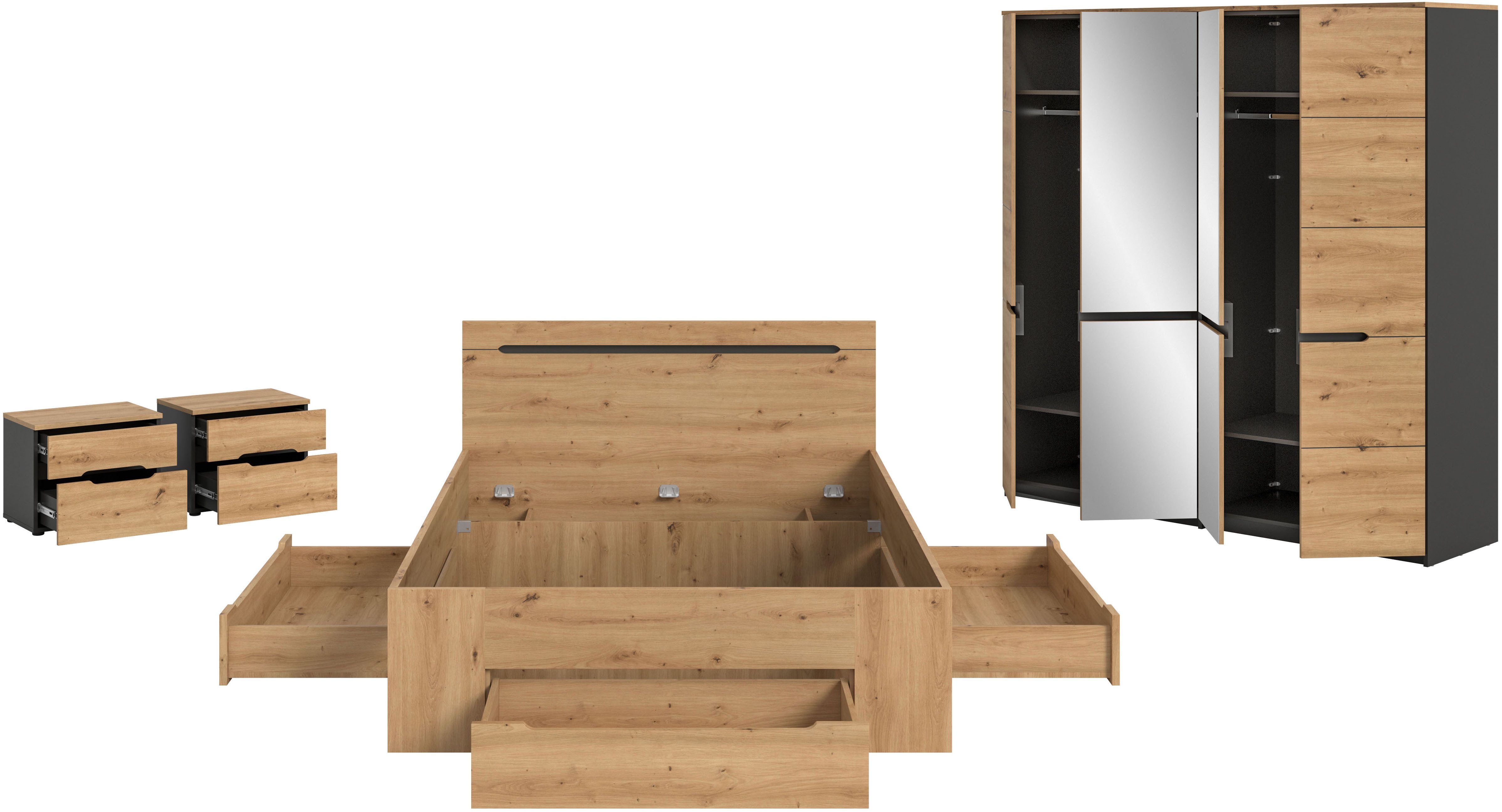 Home affaire Schlafzimmer-Set REHAT, 4-teilig, best. aus: Bett, Kleiderschrank & 2x Nachtkommode, (4-tlg., TOPSELLER!, für Matratzengröße 140x200 cm, viel Stauraum), Rehat, Schlafzimmerset, Bett 140x200 cm, Nachttische, 1 Kleiderschrank