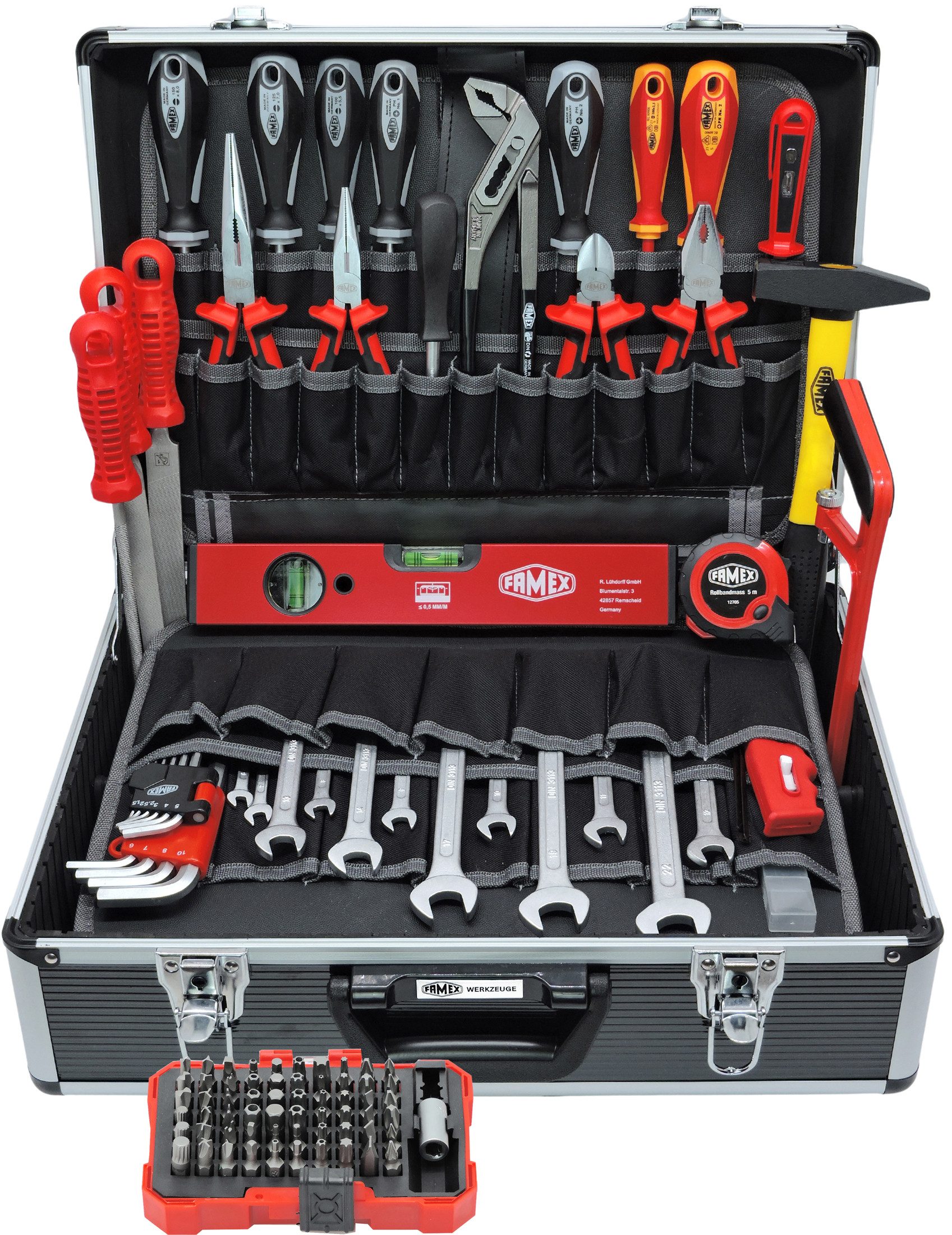 FAMEX Werkzeugset 449-93 Werkzeugkoffer mit Profi Werkzeug, (Werkzeugkoffer, 109-tlg), Kapazität 24kg, abschließbar, CV-Stahl, viel Platz