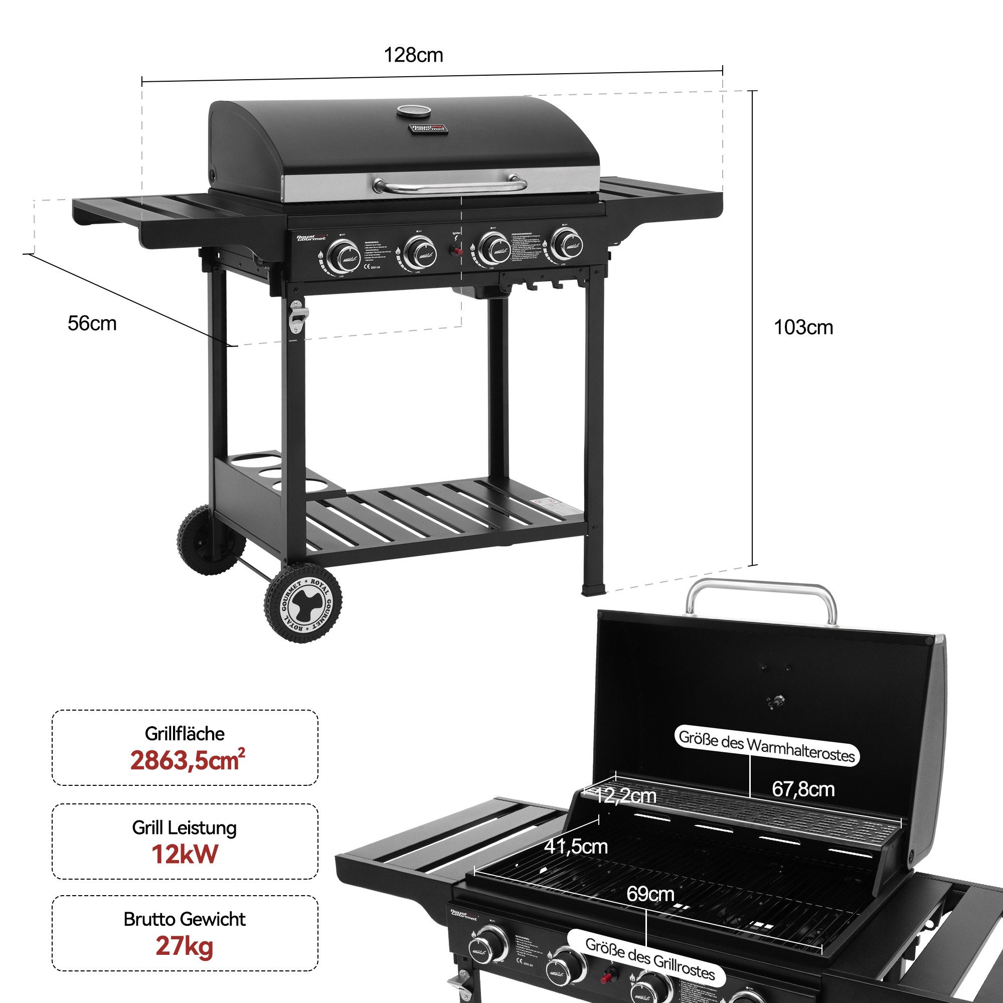 Royal Gourmet Gasgrill Grillwagen Campinggrill Standgrill mit Edelstahl Brenner, mit Seitenablagen und Flascheregal, 4 Brenner, 12 kW