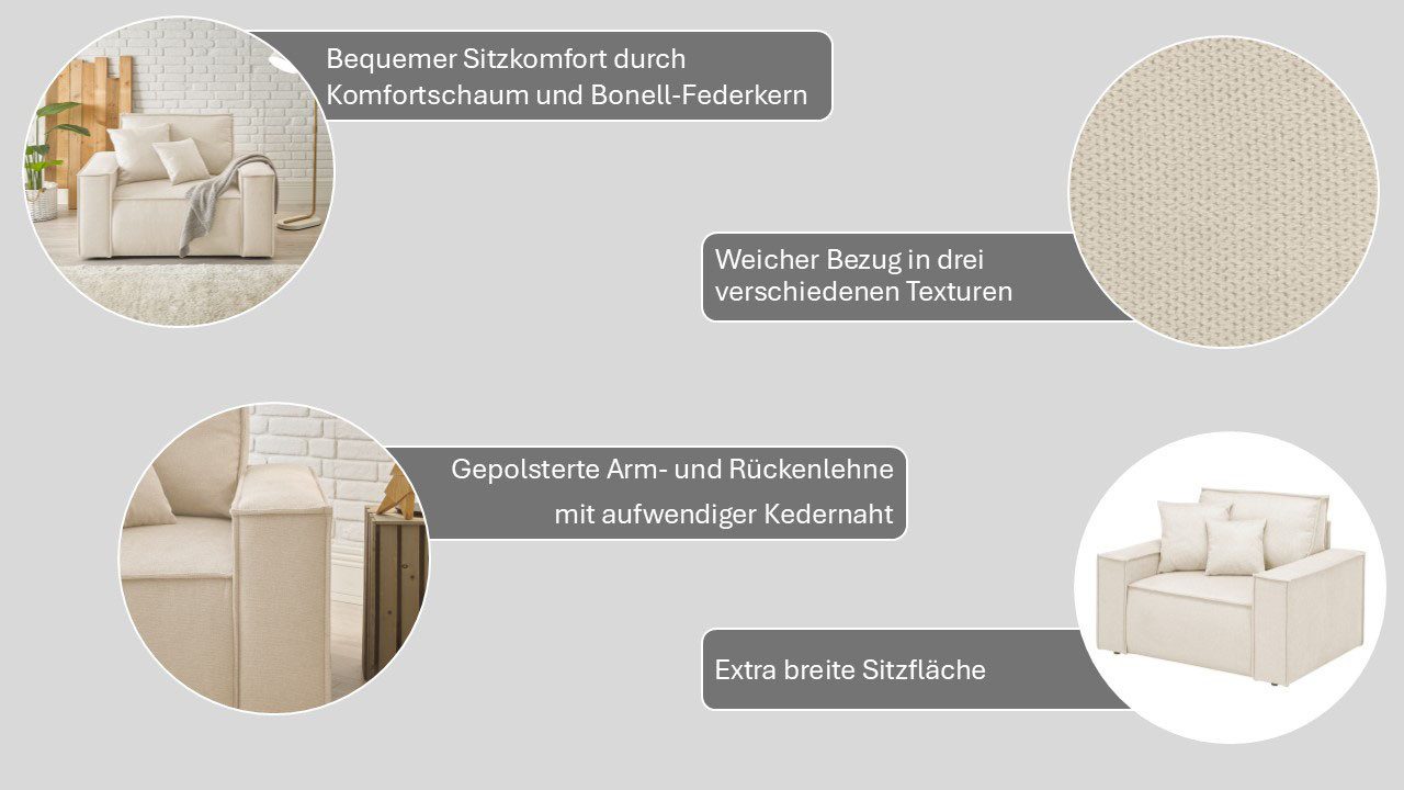 OTTO home Loveseat FINNLEY Struktur fein, Loveseat & Hocker im Set, inkl. Zierkissen (2-St), verfügbar in den Stoffqualitäten Bouclé, Struktur fein und Mega Cor – Bild 4 von 5