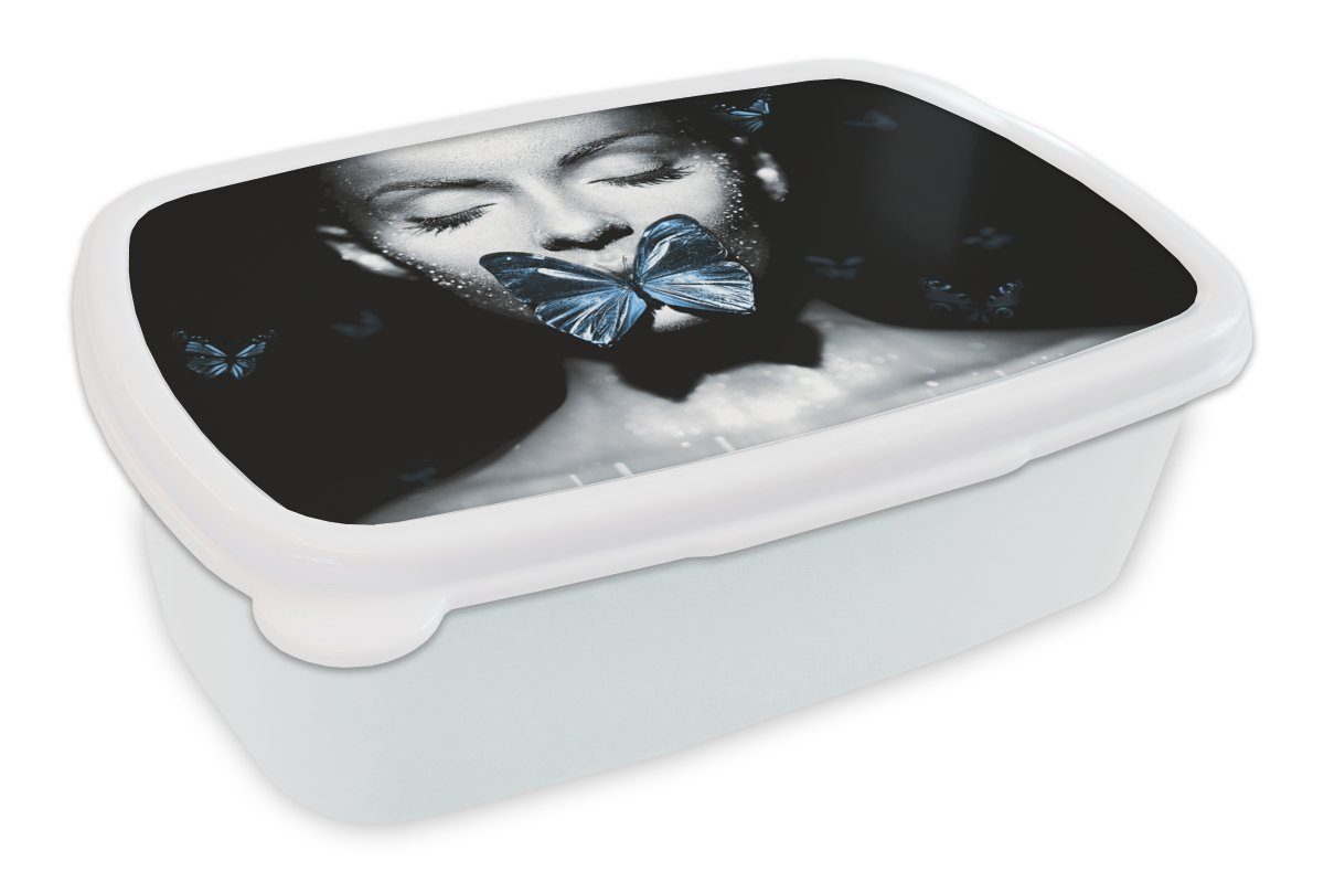 MuchoWow Lunchbox Frau - Schmetterling - Chic, Kunststoff, (2-tlg), Brotbox für Kinder und Erwachsene, Brotdose, für Jungs und Mädchen weiß | Lunchboxen