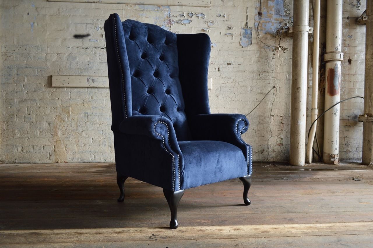 Ohrensessel Blaues Chesterfield Polstersofa 1-Sitzer Couch Textilbezug