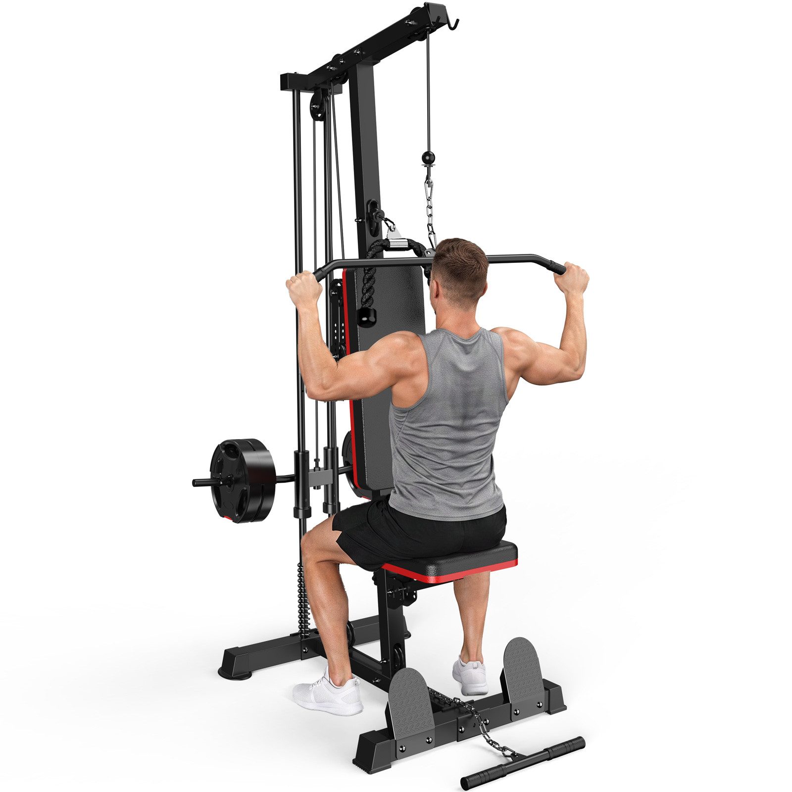 Gywowken Kraftstation 6-in-1 - insgesamt 50 kg, 10 Gewichtsblöcke, 10 Gewichtsblöcke (Set, Fitnessgeräte für Homegym Krafttraining bis 150 kg), Heimfitnessstation mit Latzugstange, Trizepsseil & Bizeps-Stange