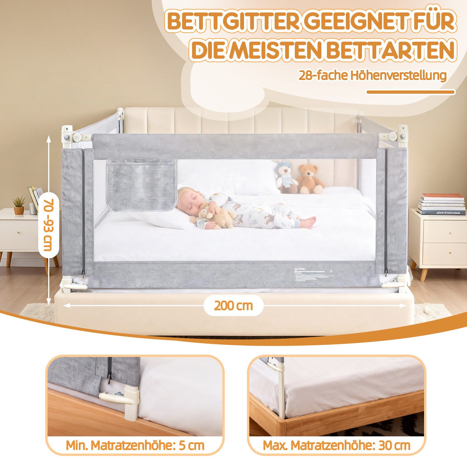 Huracan Bettschutzgitter Bettgitter Baby 150/180/200cm, Höhenverstellbarer (Rausfallschutz Bett für Boxspringbett, Elternbett, vertikales Heben, 1 St., Bettschutzgitter für Babys Kinder), Klappbar Kinderbettgitter mit Befestigungsband