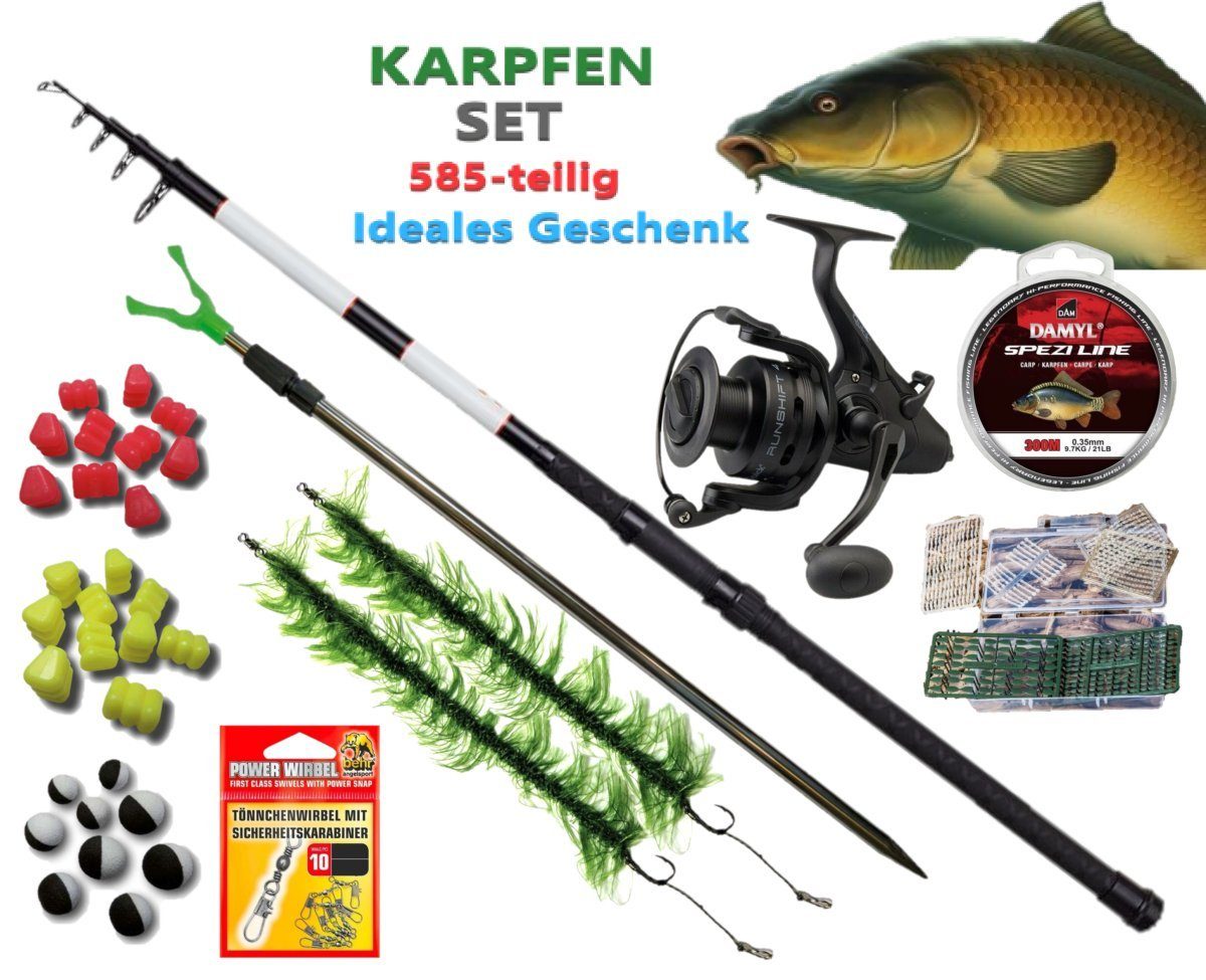 DAM Fishing Karpfenrute Karpfen Combo als mit (Spar-Set, 585-tlg), Köder, selbst Rolle Ideal für Liebsten sich die 585 Geschenk für Haken teilen Rute Schnur oder Rutenhalter