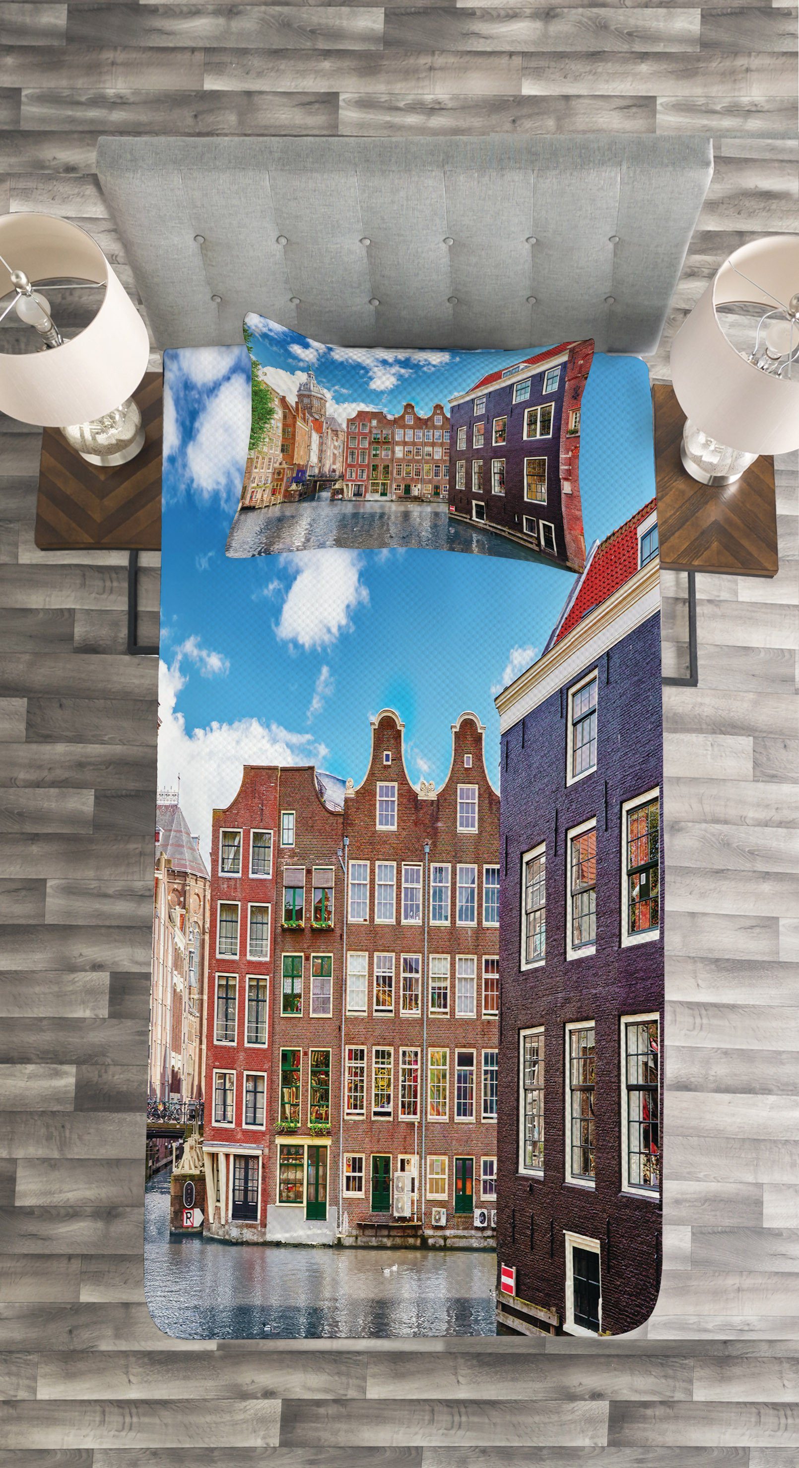 Holland Set Kissenbezügen Tagesdecke Gebäude mit Waschbar, Amsterdam Abakuhaus,