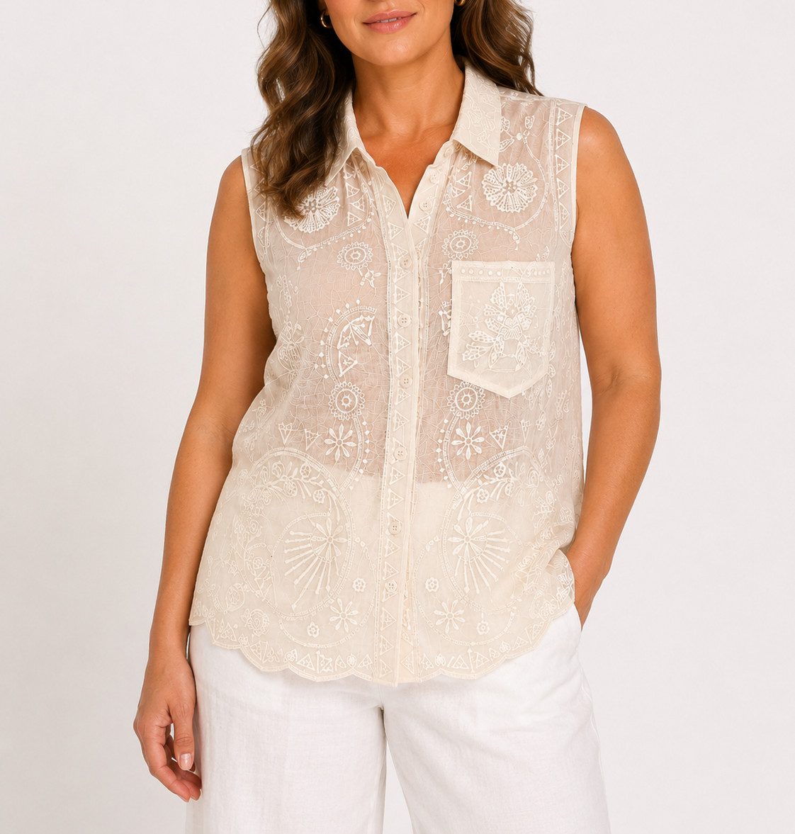 Shirtbluse Damen Shirtbluse ärmellos Baumwolle – Bluse mit Stickerei GR. 42-44
