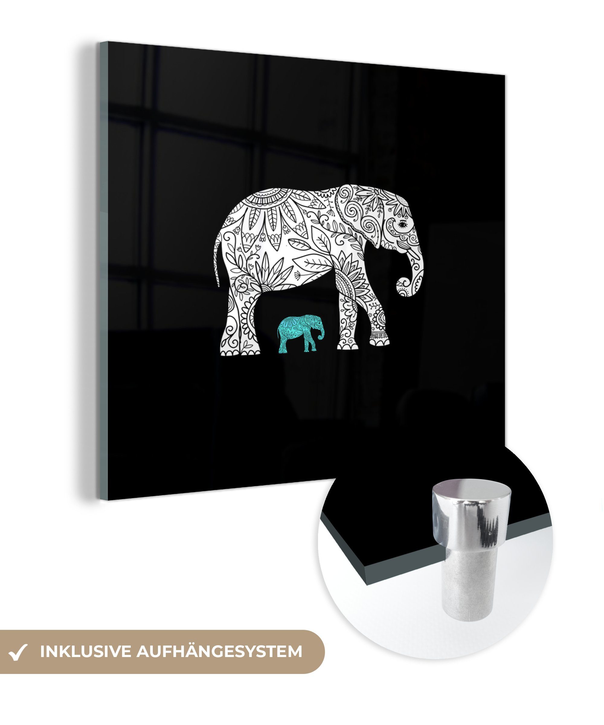 Wandbild - Muster - Elefant auf Blau St), Bilder - Foto Weiß, - - auf Glas - (1 Wanddekoration Acrylglasbild Glasbilder MuchoWow Glas