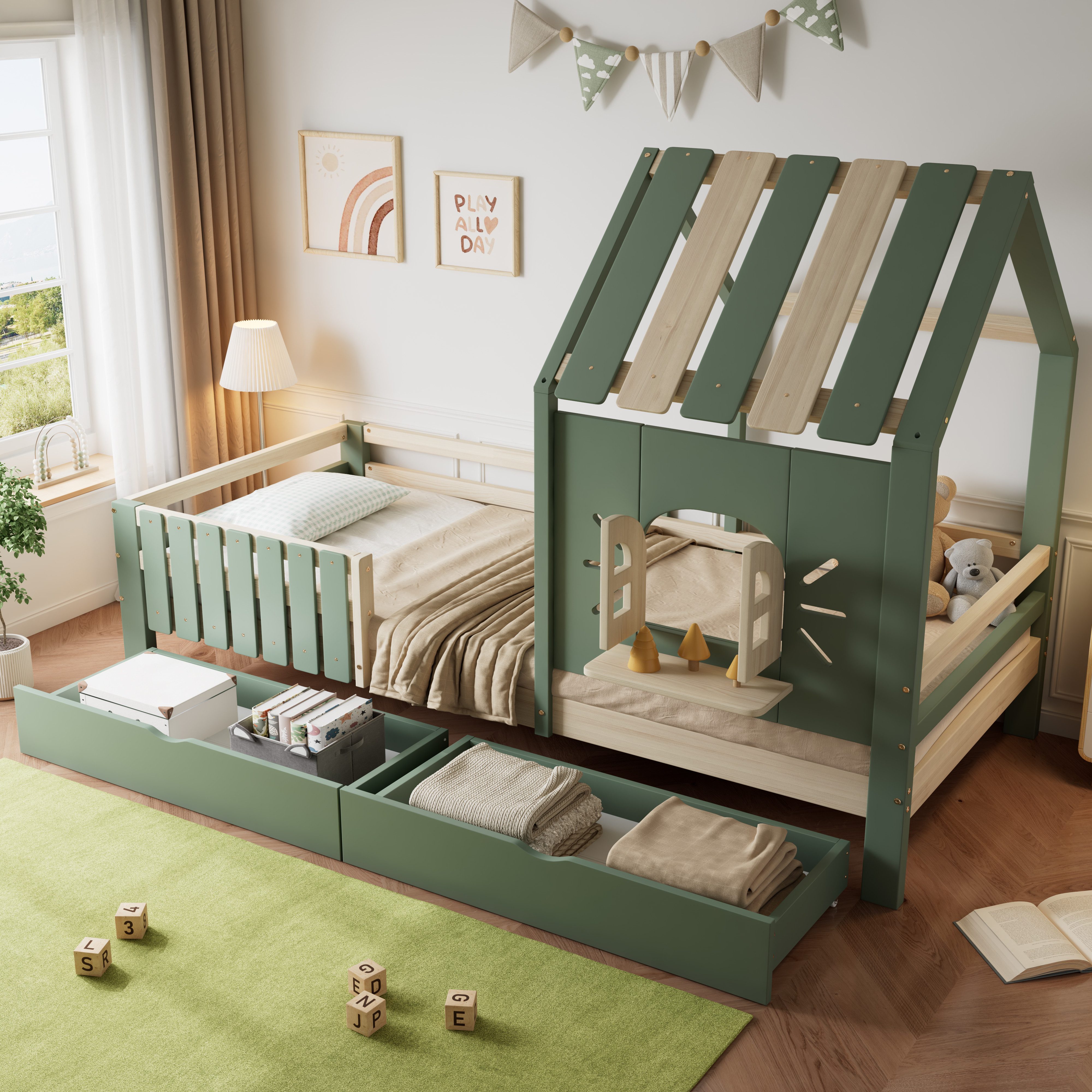 Merax Kinderbett (1-tlg., Kieferholz Einzelbett), Jugendbett 90x200cm mit 2 Schubladen, Hausbett mit Dach & Fenster
