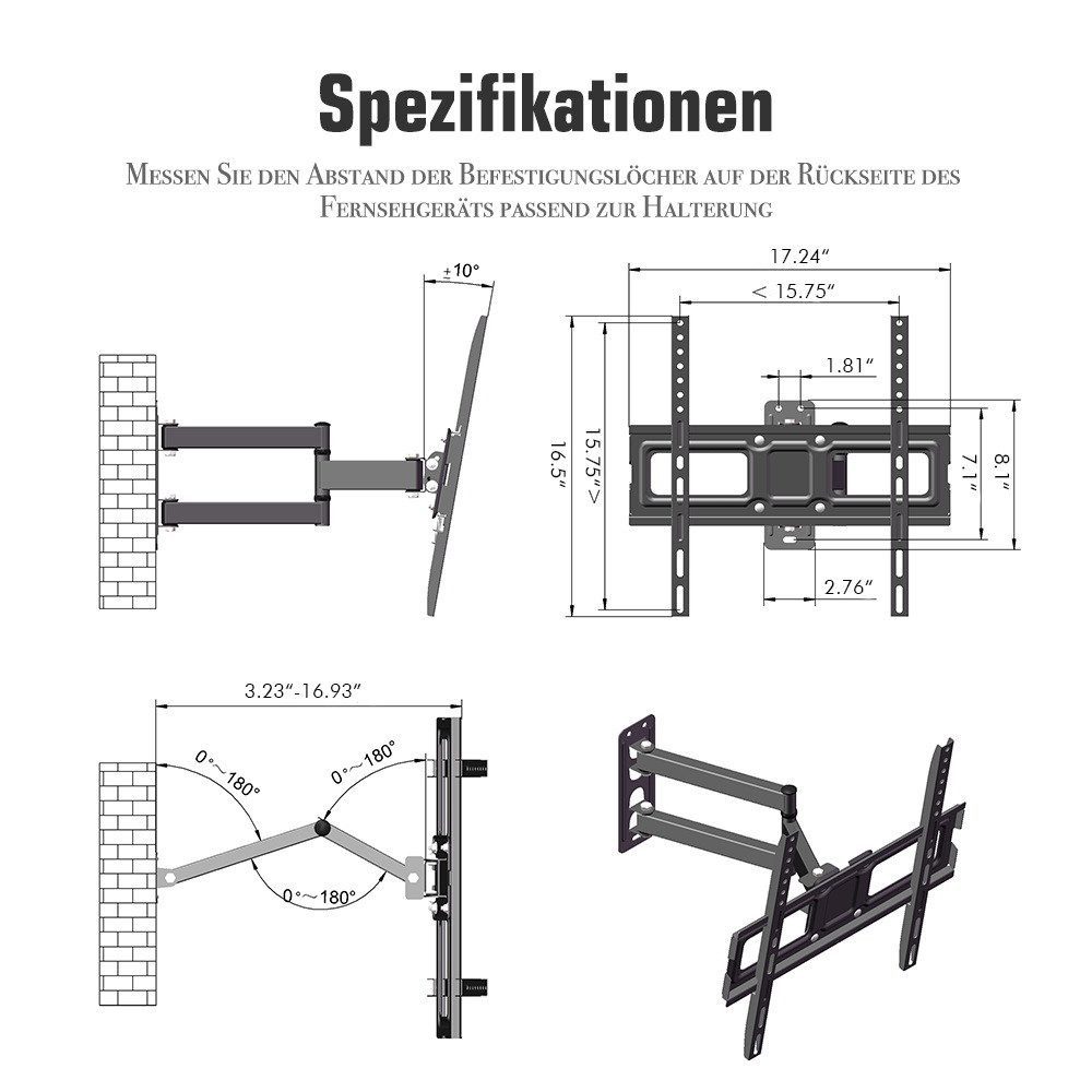 LALAHO TV-Wandhalterung TV Wandhalterung für 32-65zoll TV/Monitor mit Wasserwaage, (bis 65 Zoll, max.VESA 400x400mm mit Wasserwaage)