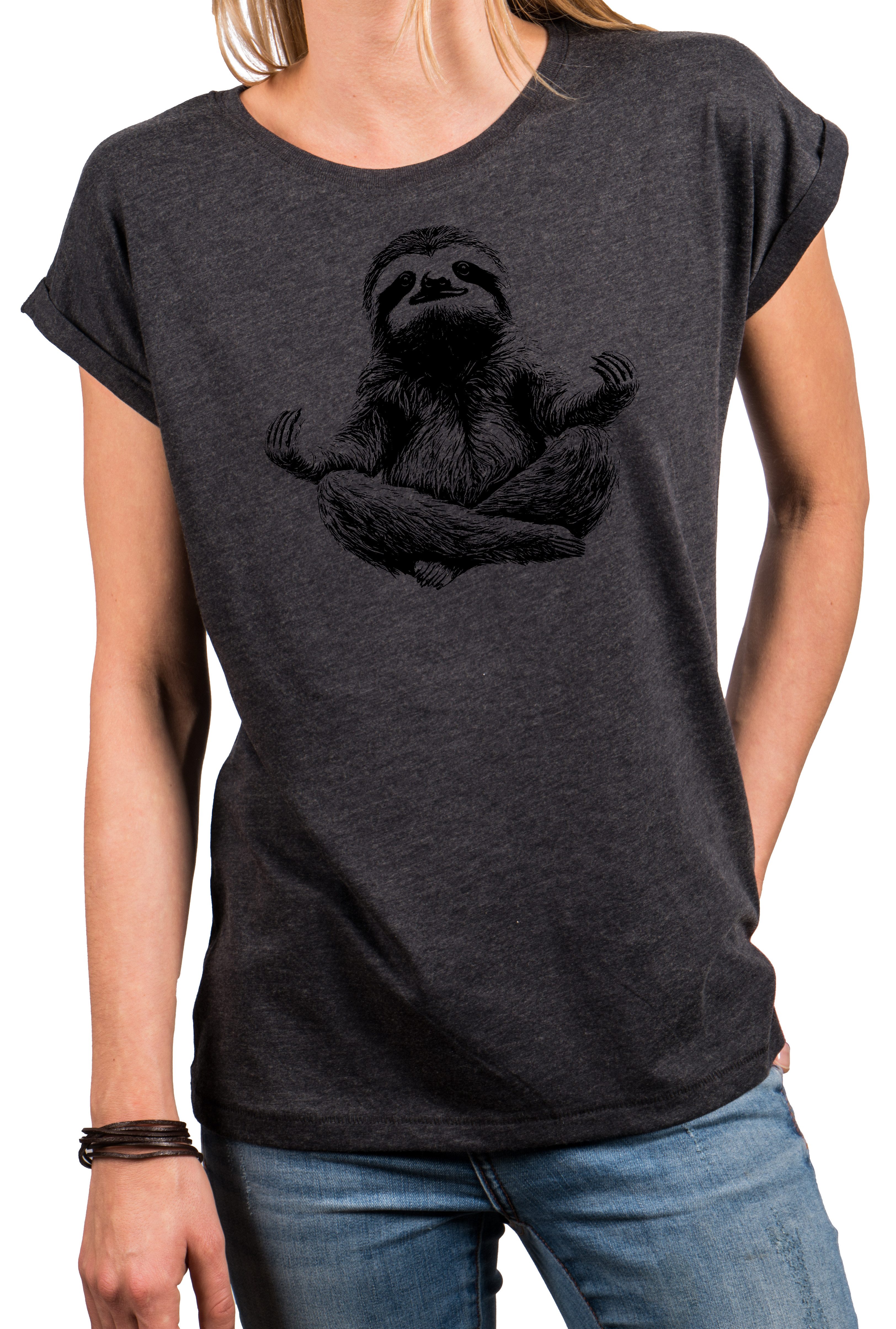 MAKAYA T-Shirt Kurzarm Damen T-Shirt mit lustigem Faultier-Yoga-Aufdruck (Weiß, Rosa, Hellgrau, Grün, Dunkelgrau, 34, 36, 38, 40, 42, 44, 46, 48, 50) Baumwolle