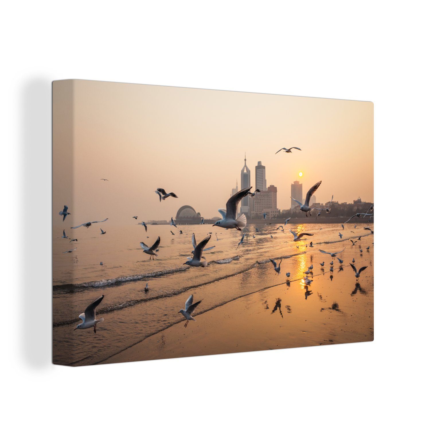 OneMillionCanvasses® Leinwandbild Möwen am Strand (1 Leinwandbilder, Qingdao Aufhängefertig, in cm 30x20 Wanddeko, von China, Wandbild St)